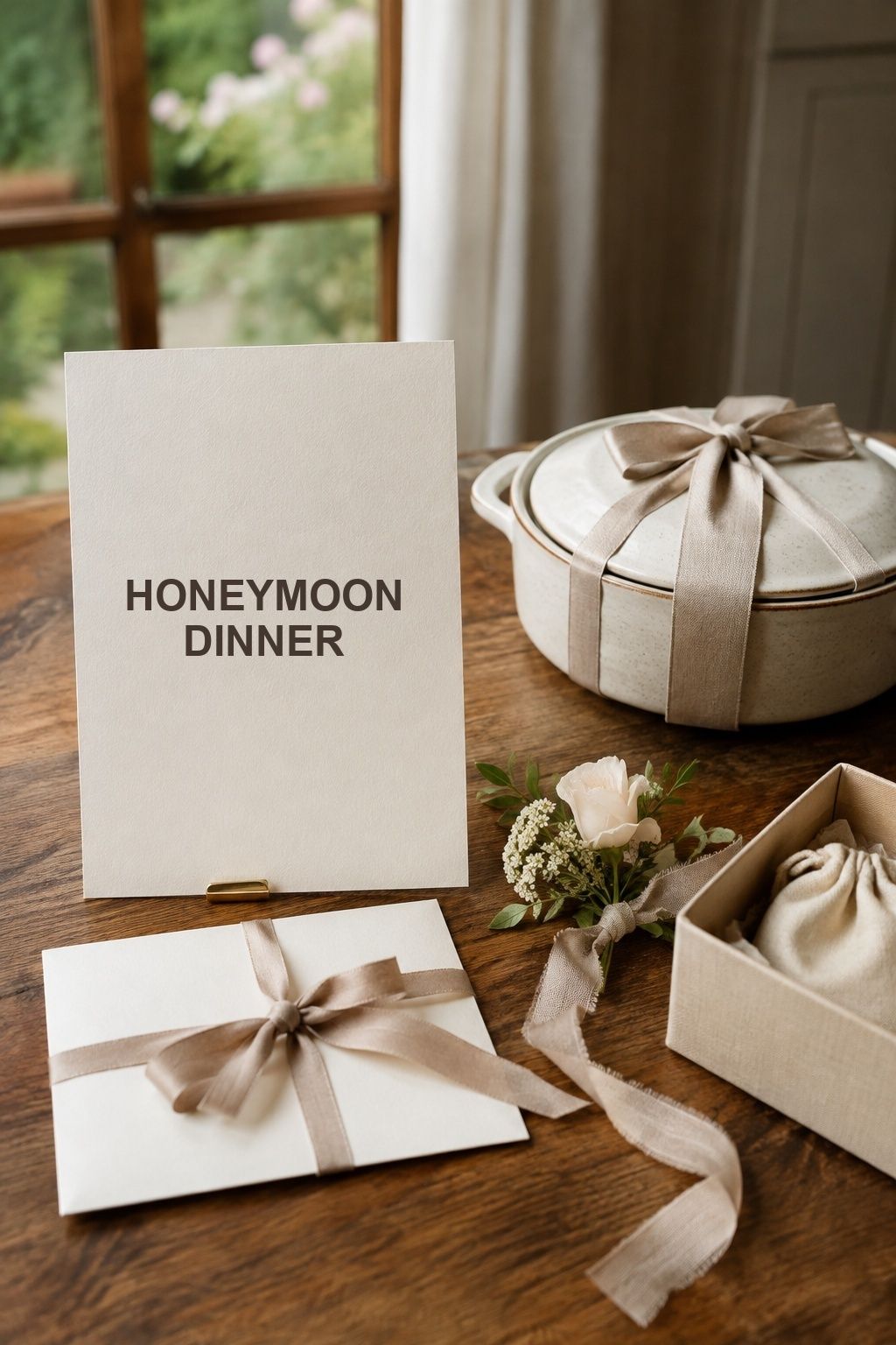 Honeymoon dinner cash-fund card beside a wrapped ceramic wedding registry gift