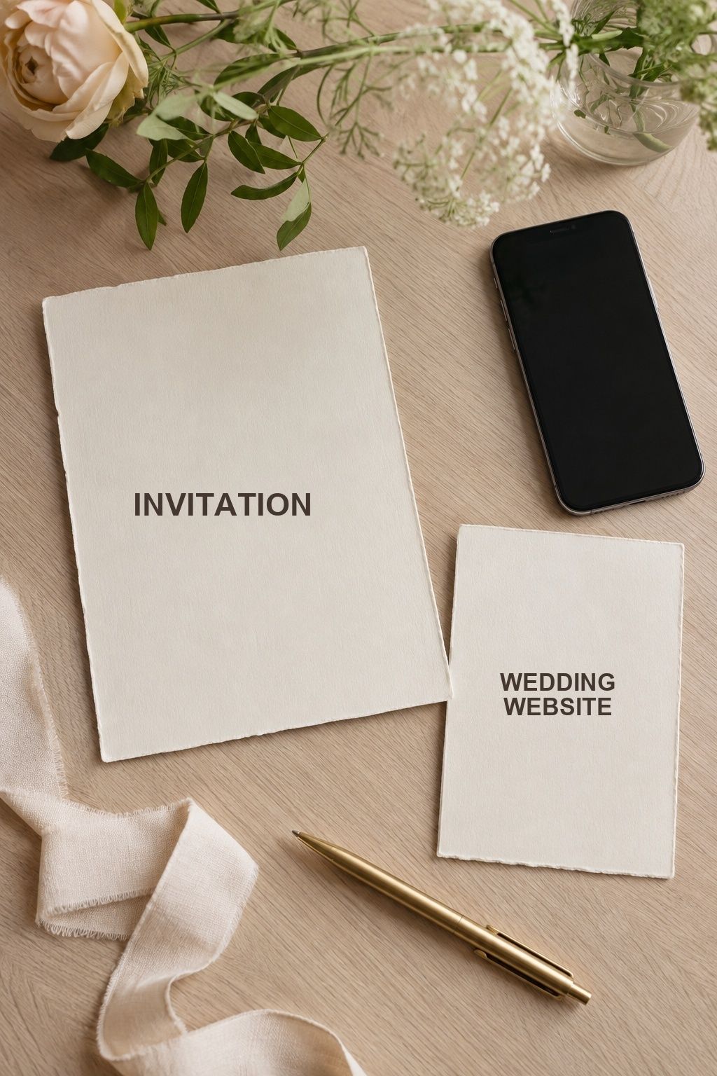 Blank main wedding invitation separated from a wedding website details card and phone