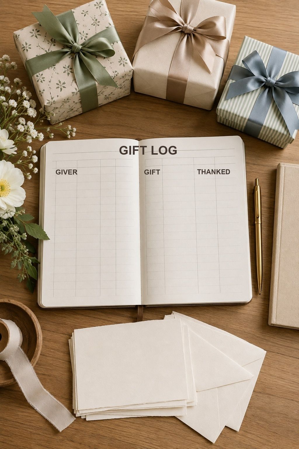 Wedding gift log with giver, gift, and thank-you columns beside wrapped presents and cards