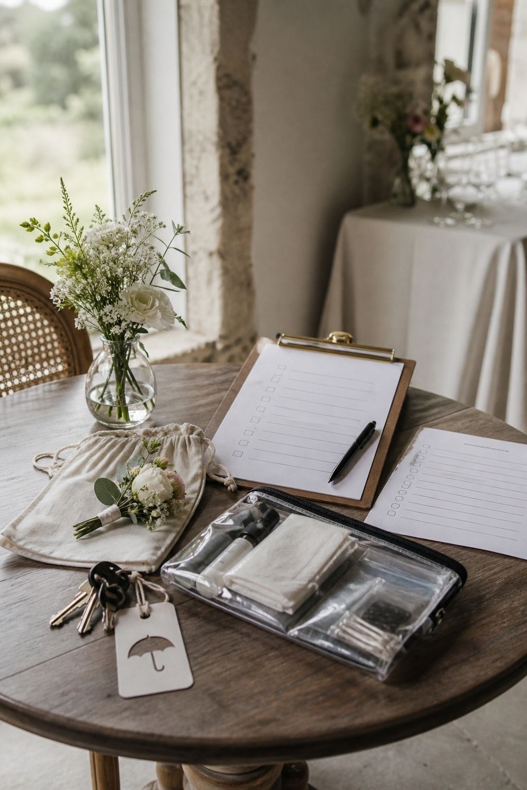 Wedding day handoff clipboard, emergency kit, keys, boutonniere, and flowers arranged on a venue table