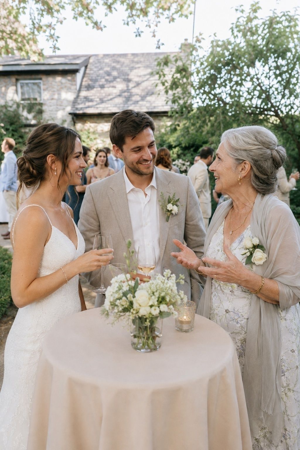 Newly married couple sharing a relaxed garden wedding conversation with an older family member