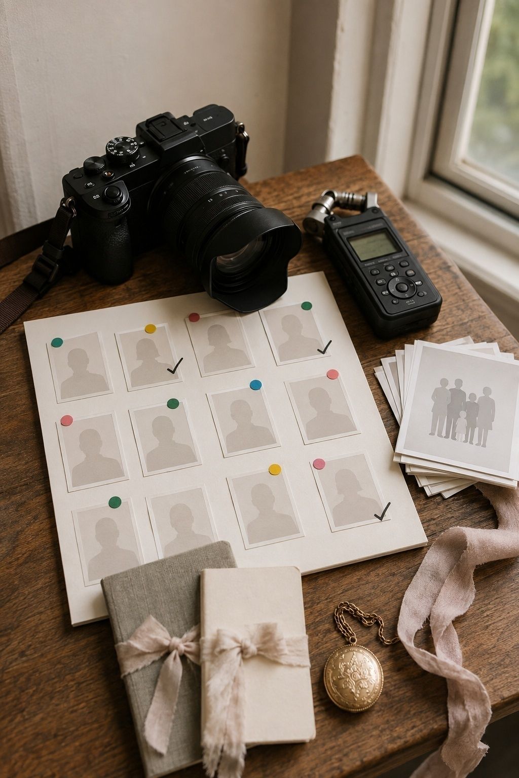 Wedding camera and audio recorder beside a visual memory-priority board, vow books, and an heirloom locket