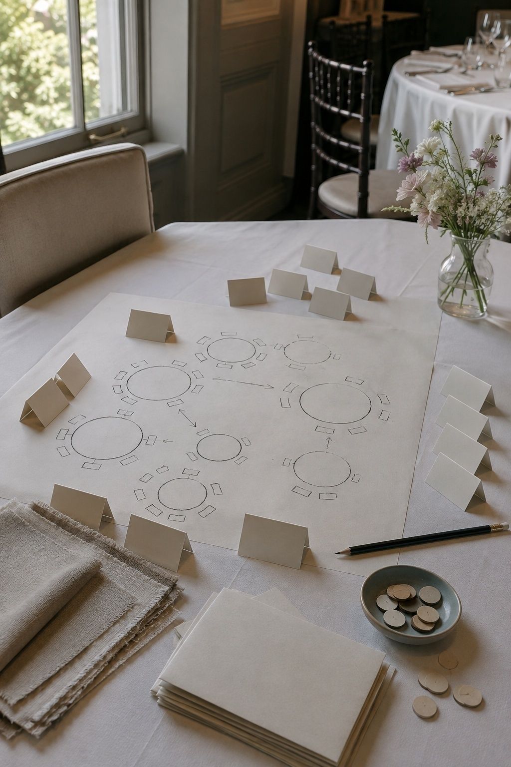 Intimate wedding seating plan with blank place cards, table diagram, linen swatches, and garden flowers