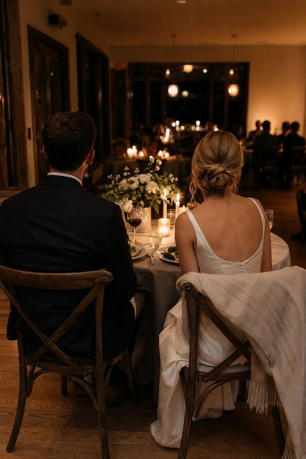 Newly married couple seated from behind with dinner at a candlelit intimate wedding reception