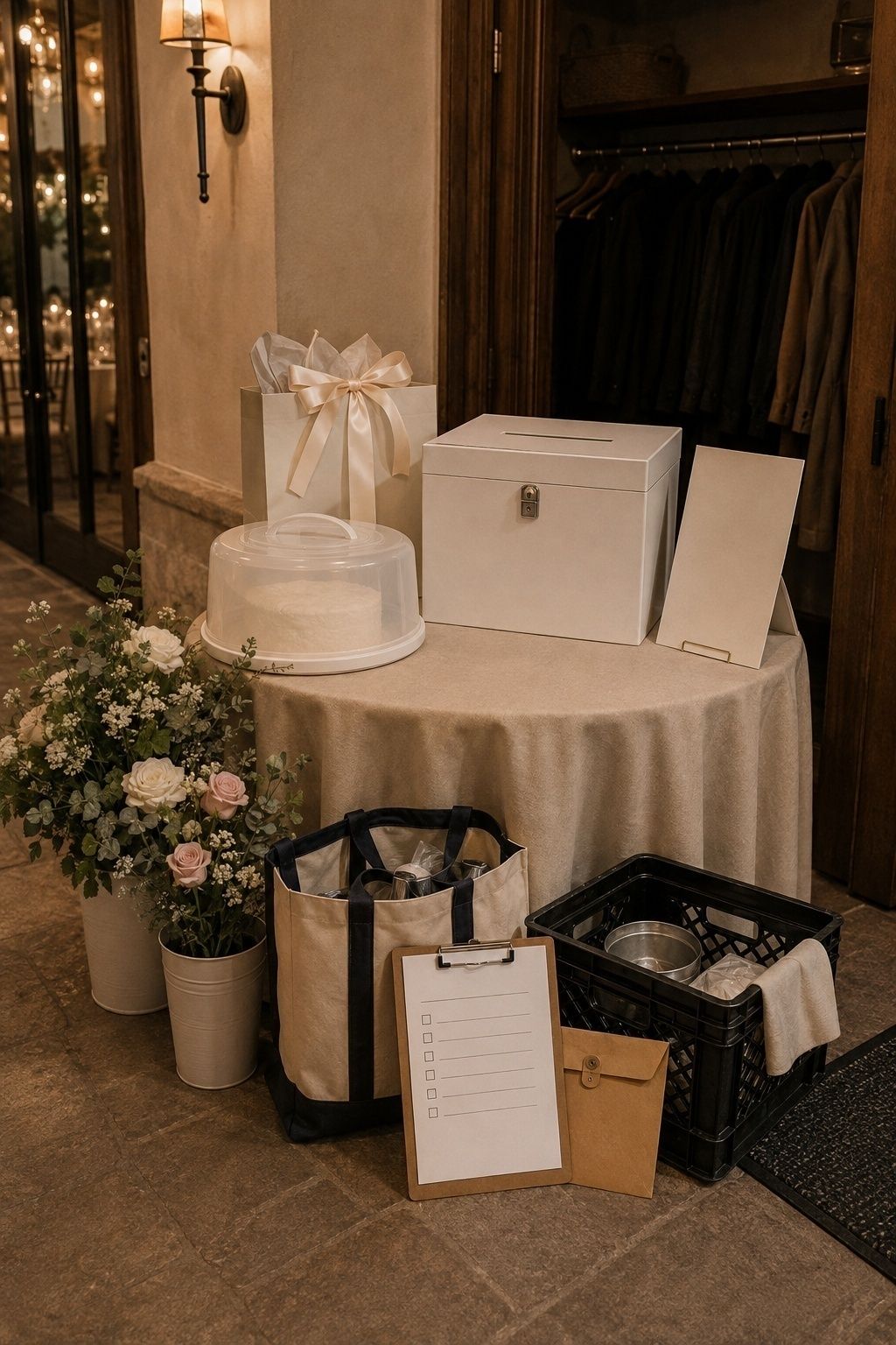 End-of-night wedding handoff station with card box, gift bag, cake carrier, flowers, tote, crate, and checklist