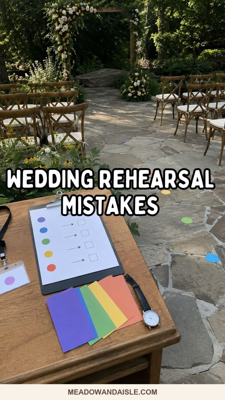 Wedding rehearsal mistakes Pinterest pin for Meadow & Aisle