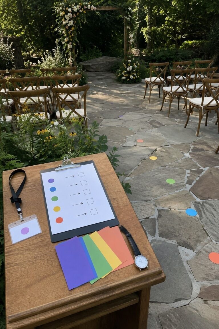 Garden wedding rehearsal owner station with cue clipboard, colored cards, lanyard, watch, aisle markers, chairs, and wildflower arch