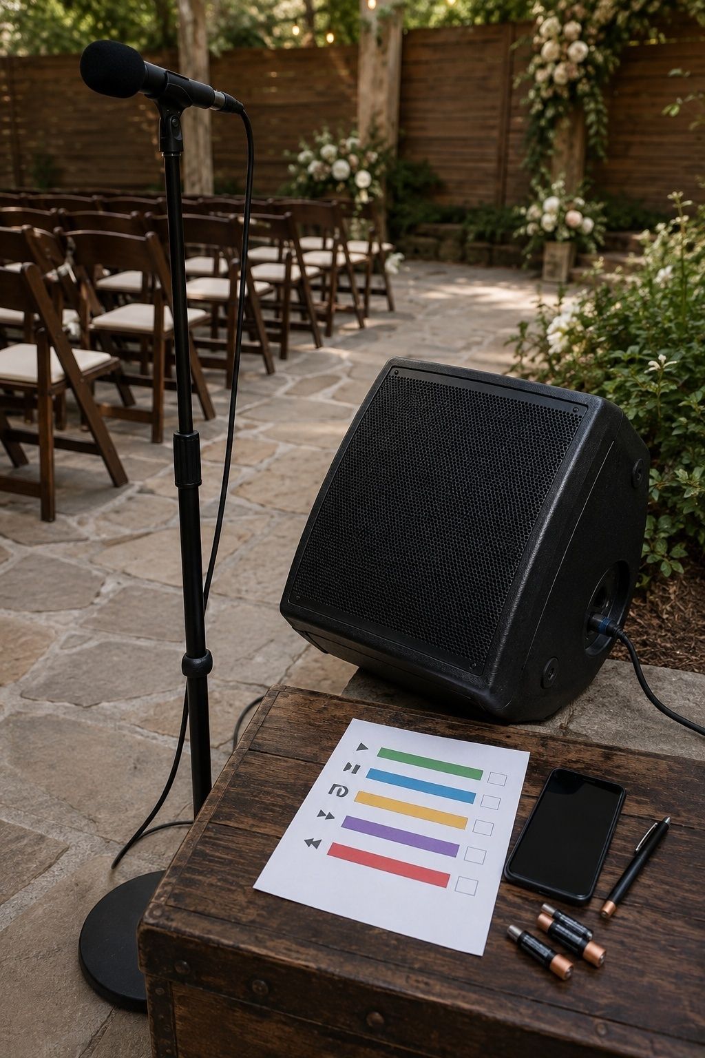 Outdoor wedding audio handoff with microphone, speaker, routed cable, spare batteries, blank phone, and color-coded cue sheet