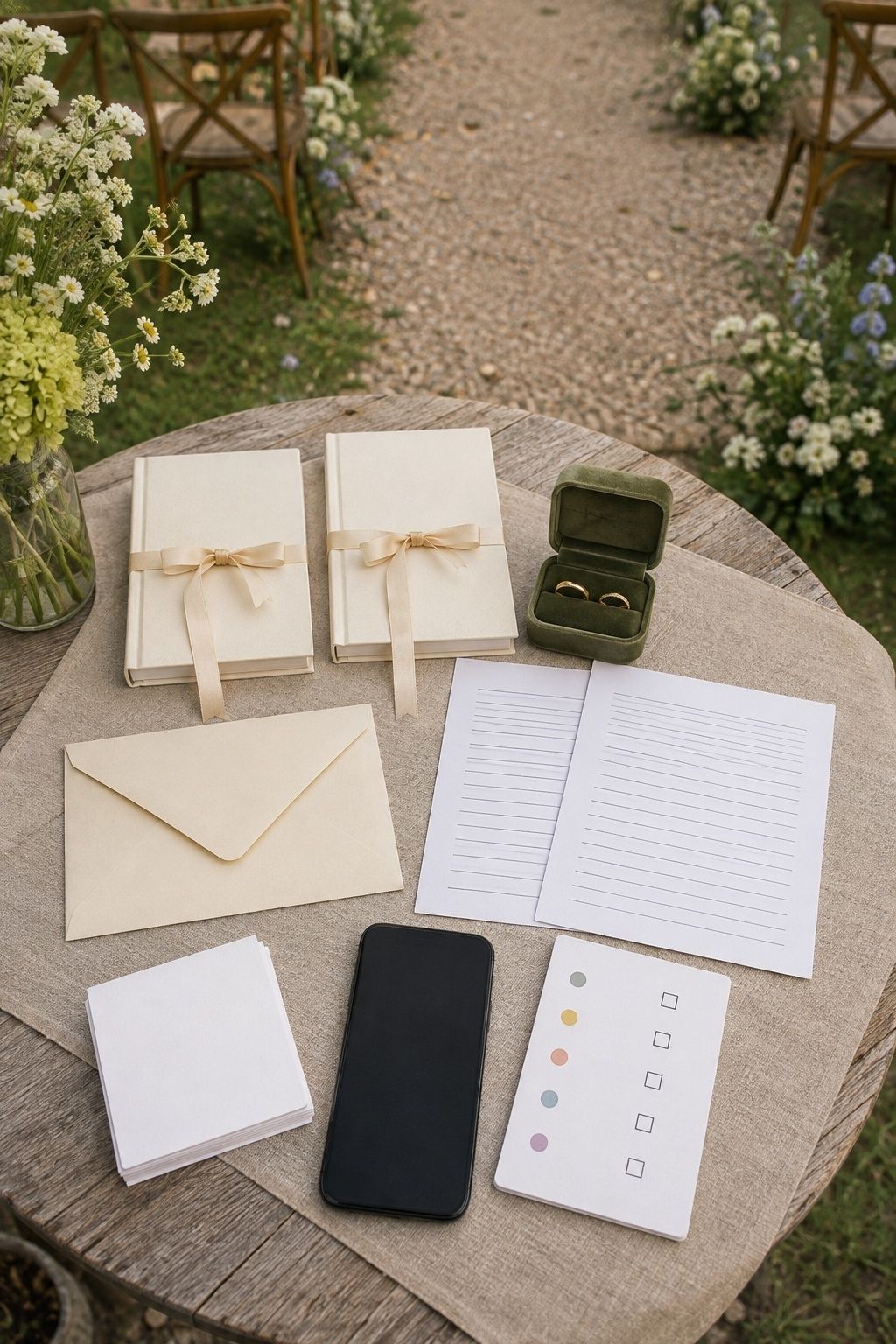 Wedding rehearsal materials table with two blank vow books, two rings, sealed envelope, reader pages, blank cards, phone, and icon checklist