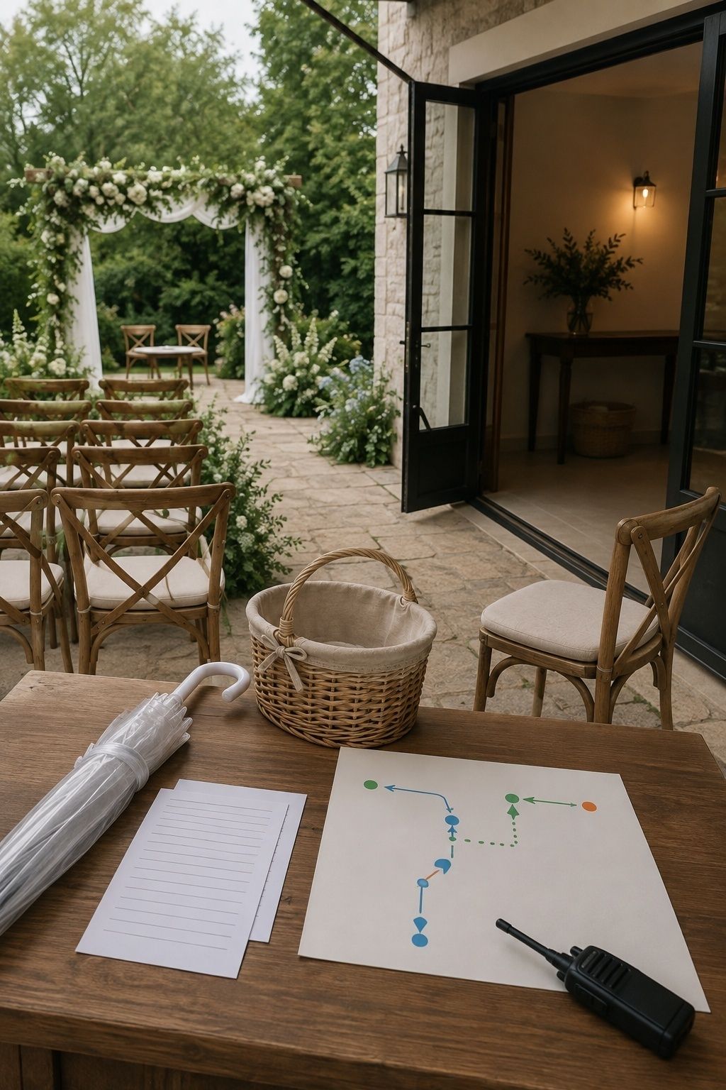 Wedding rehearsal backup station with clear umbrella, spare reader pages, basket, route map, radio, outdoor ceremony, and indoor rain space