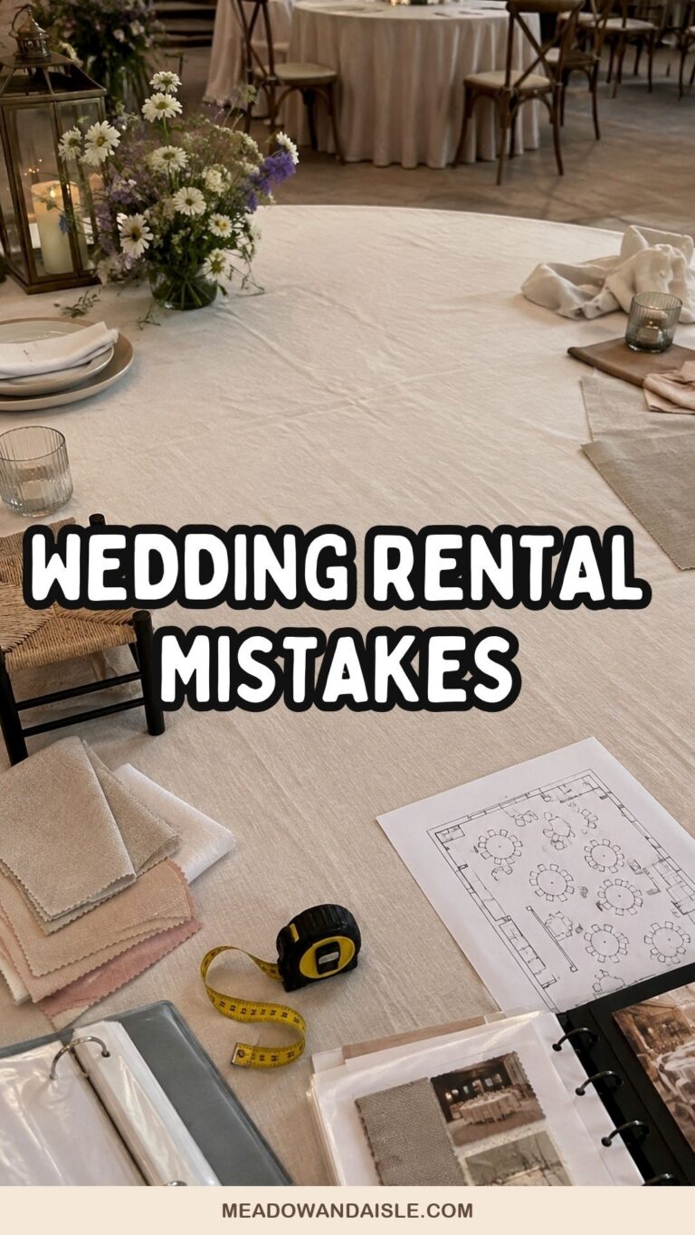 Wedding rental mistakes guide shown with a floor plan, measured linen, chair sample, and rental binder