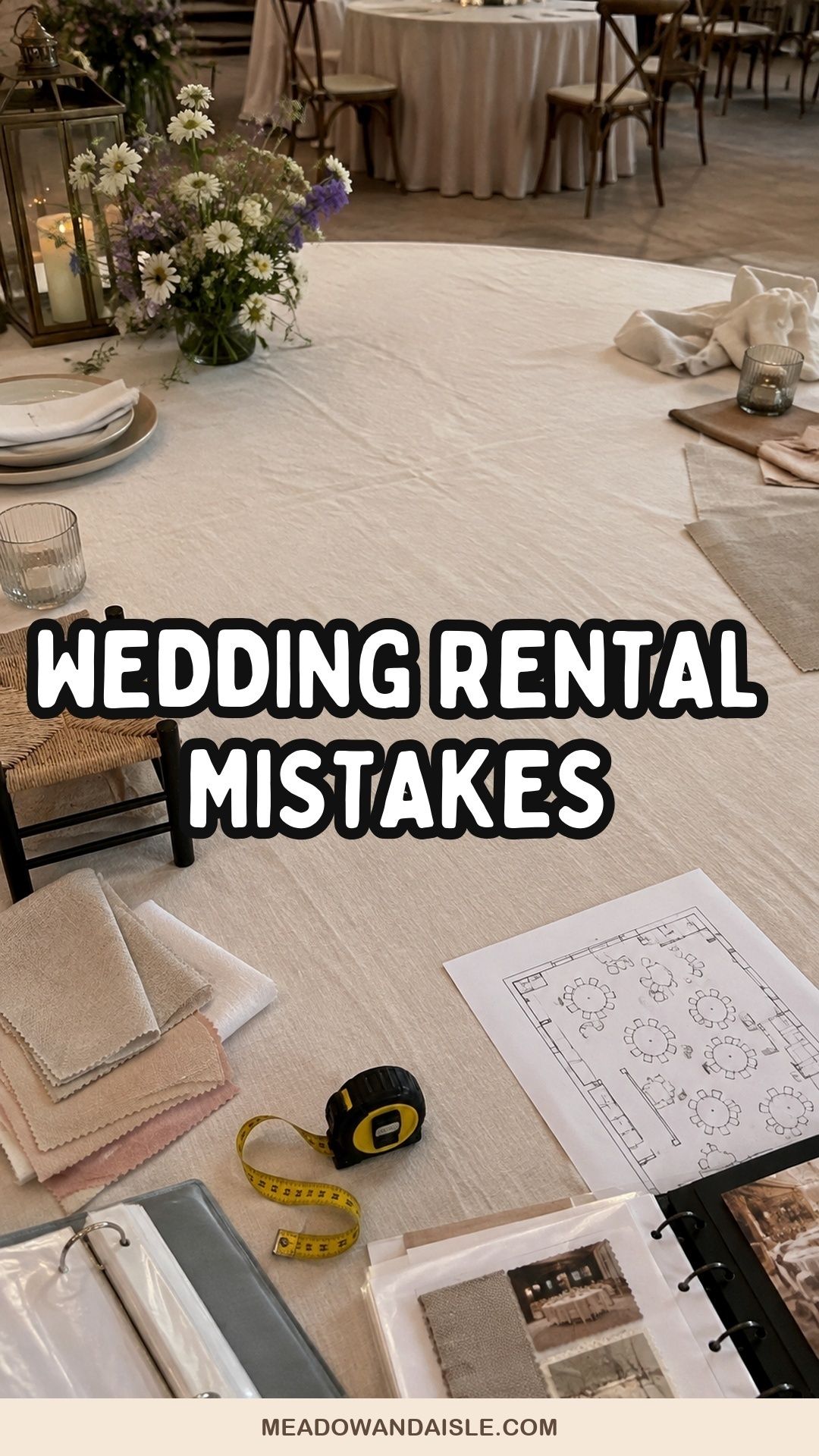 Wedding rental mistakes guide shown with a floor plan, measured linen, chair sample, and rental binder
