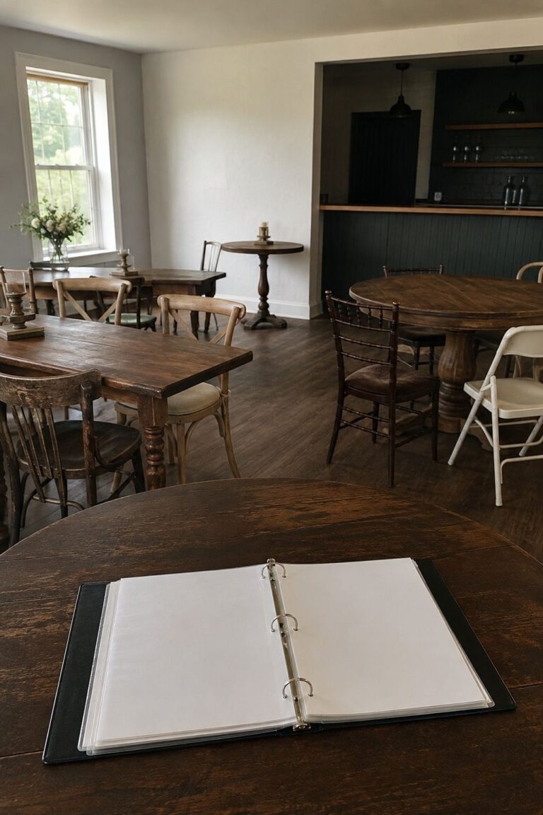 Intimate wedding venue inventory check with mismatched chairs, bare tables, and an open rental binder