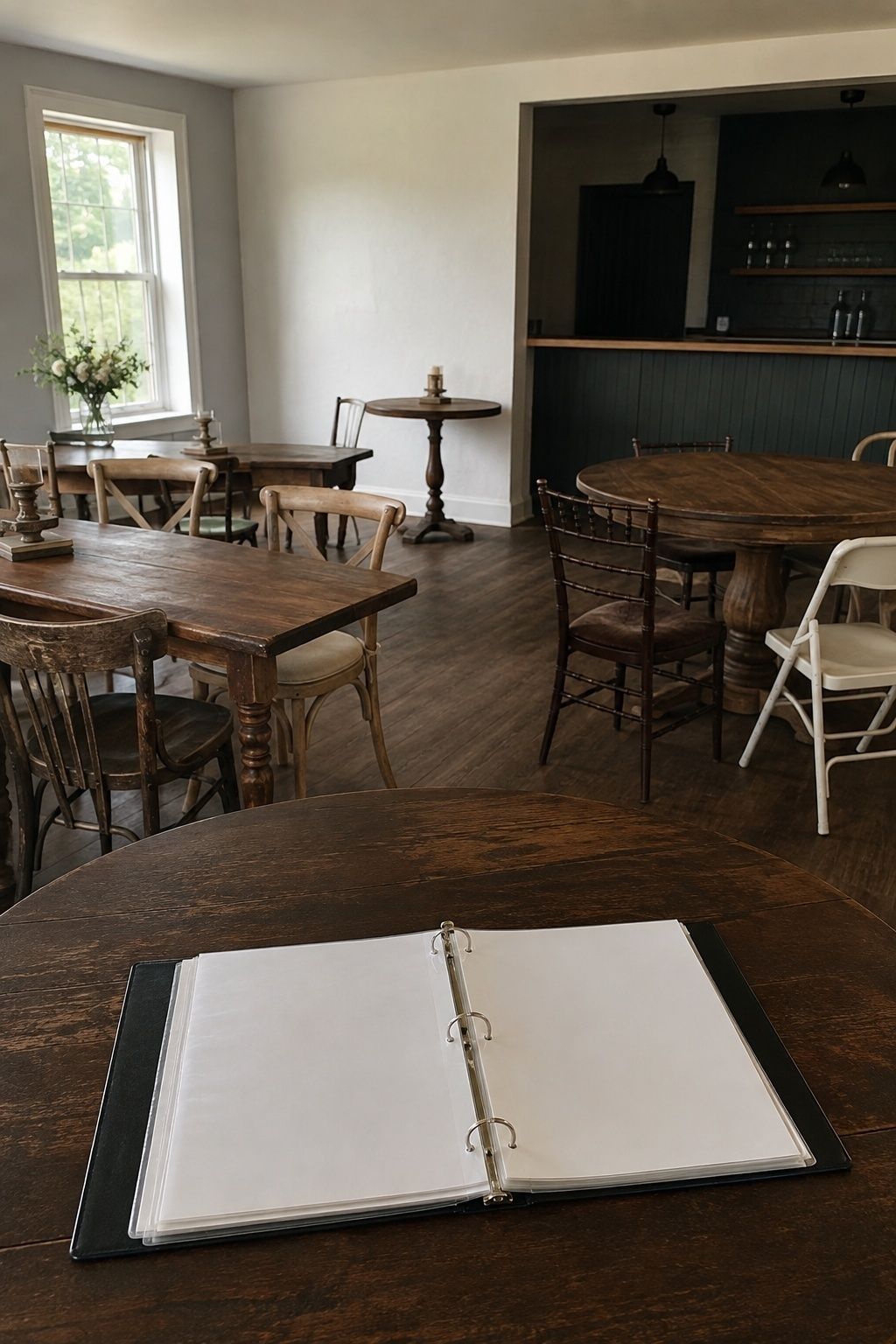Intimate wedding venue inventory check with mismatched chairs, bare tables, and an open rental binder