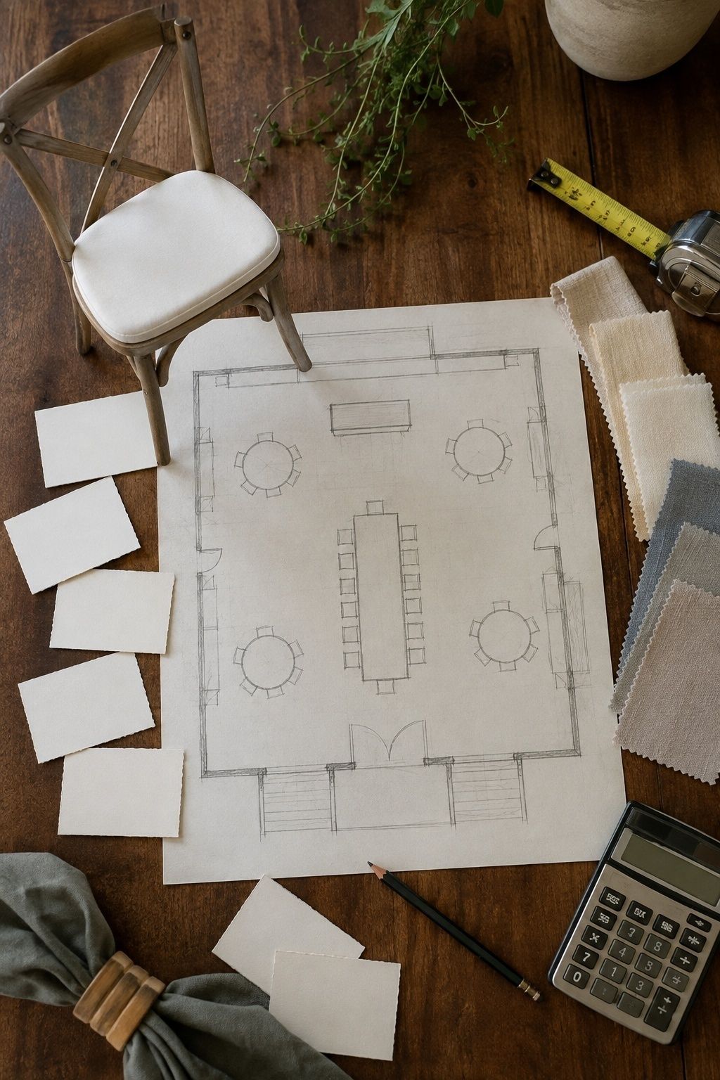 Wedding floor plan with chair sample, linen swatches, measuring tape, and blank guest table cards