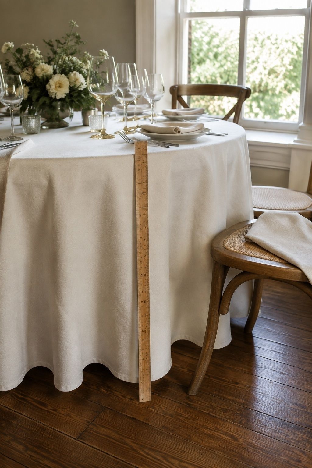 Round wedding rental table with an ivory linen measured for the correct floor-length drop