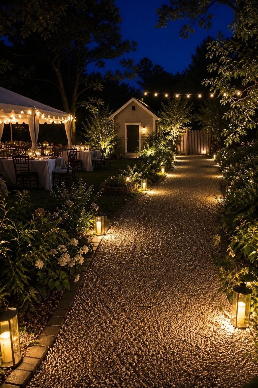 Intimate garden wedding with practical lantern lighting along the guest path to restrooms and exits