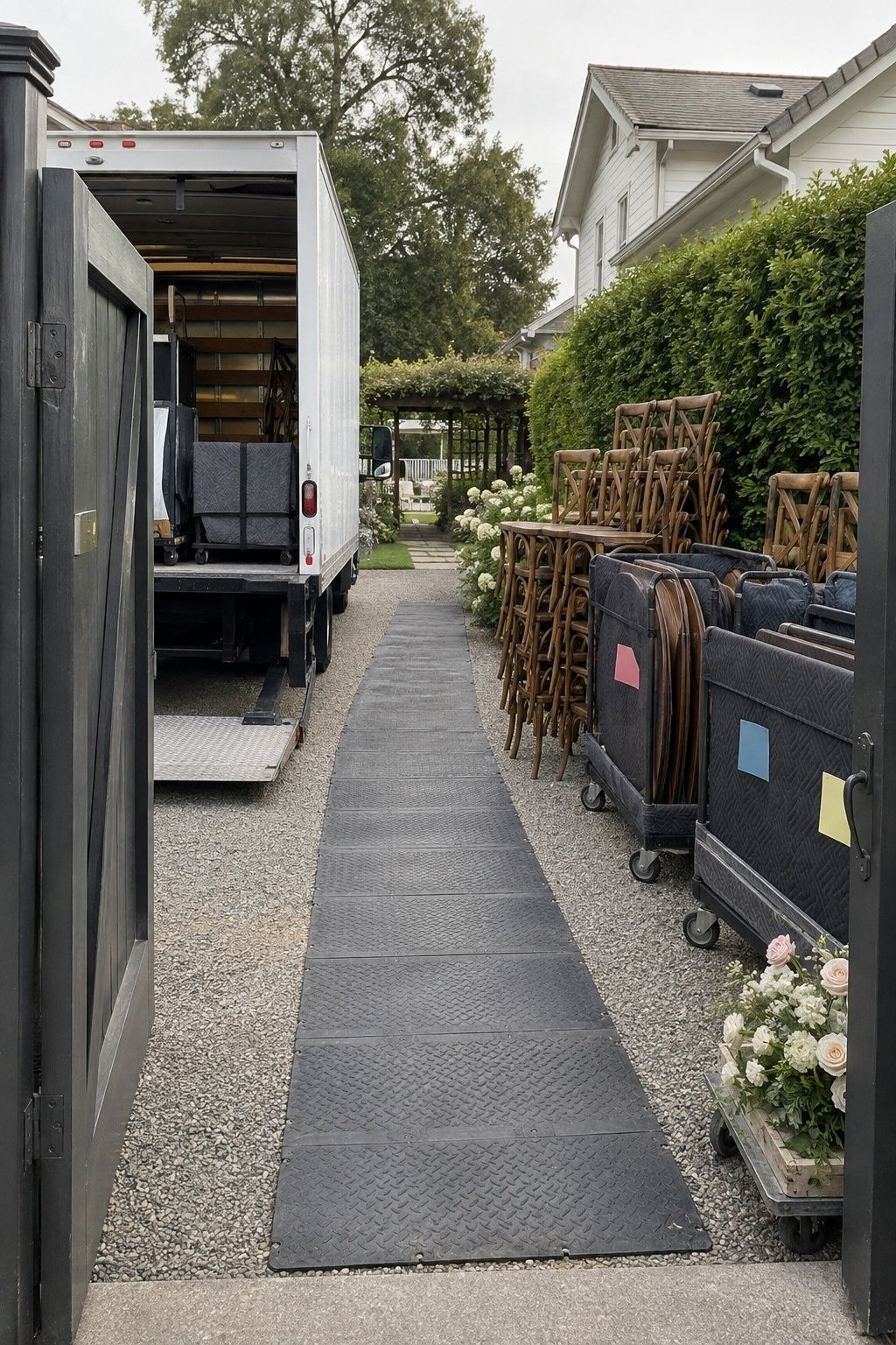 Wedding rental delivery setup with a clear driveway, stacked chairs, table carts, and protective ground mats