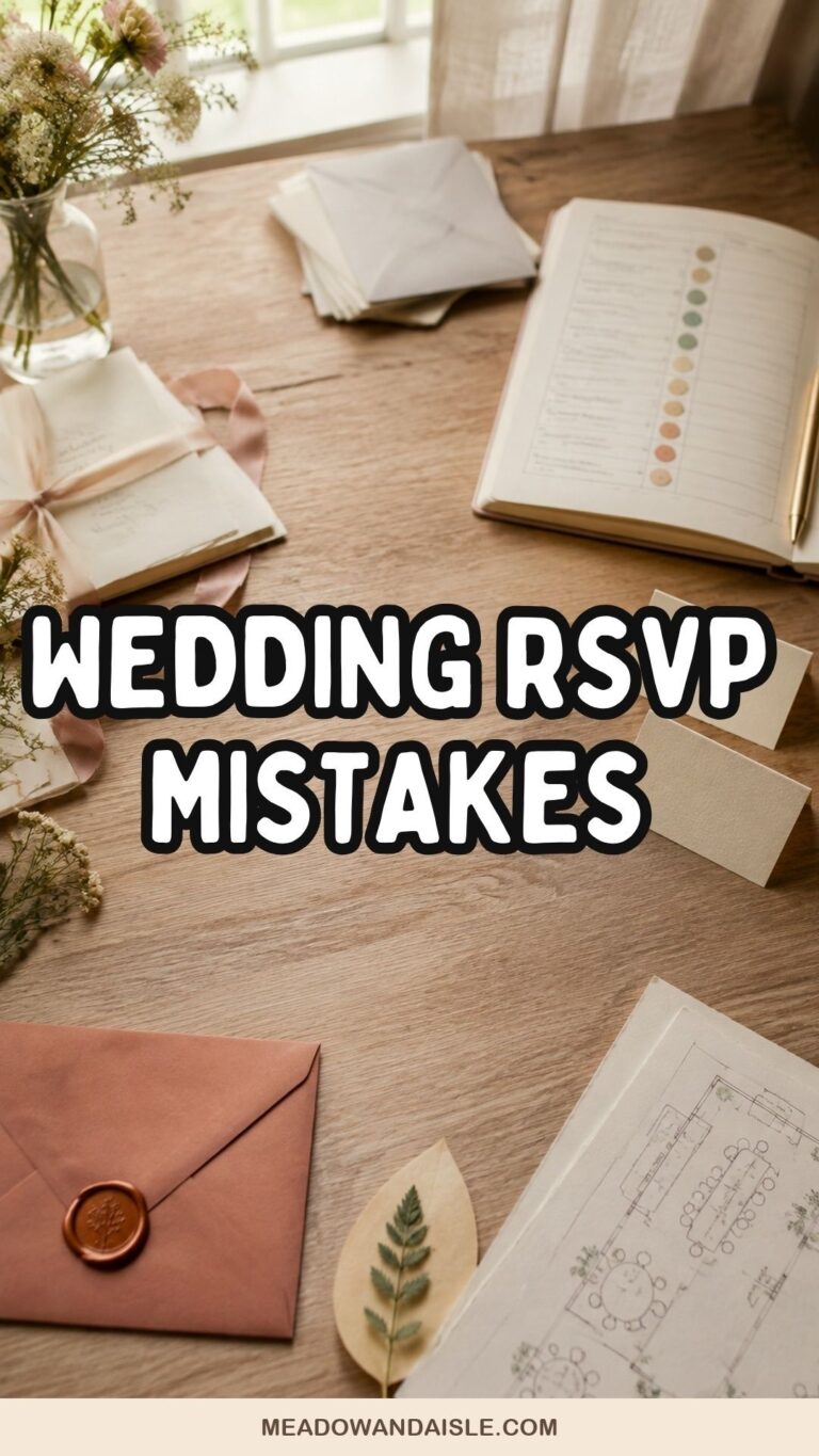 Wedding RSVP mistakes guide with a guest tracker, reply cards, place cards, and seating-plan details