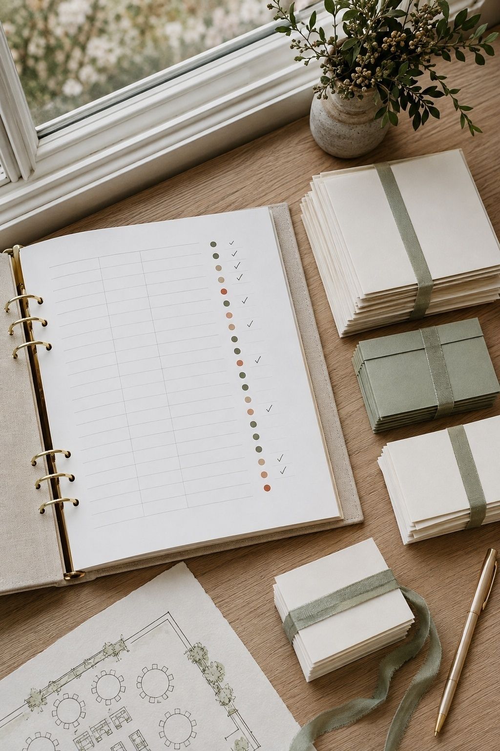 Organized wedding RSVP tracker with status marks, reply envelopes, place cards, and a seating layout