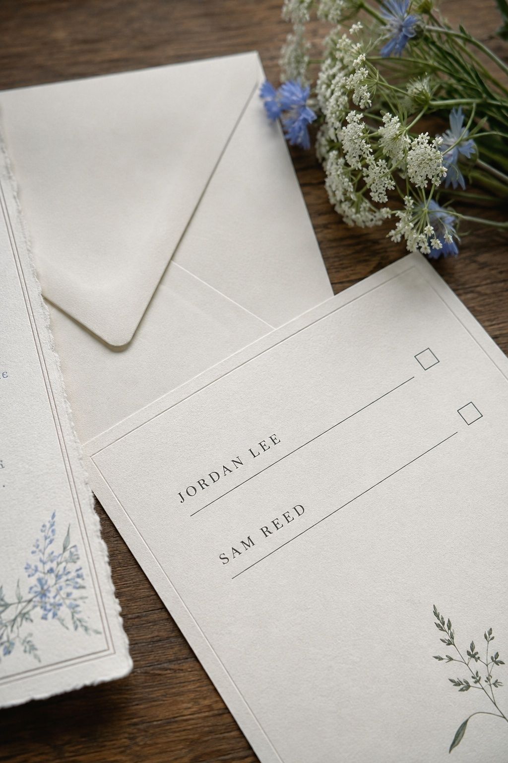 Wedding RSVP card with separate named lines for Jordan Lee and Sam Reed instead of one vague guest number