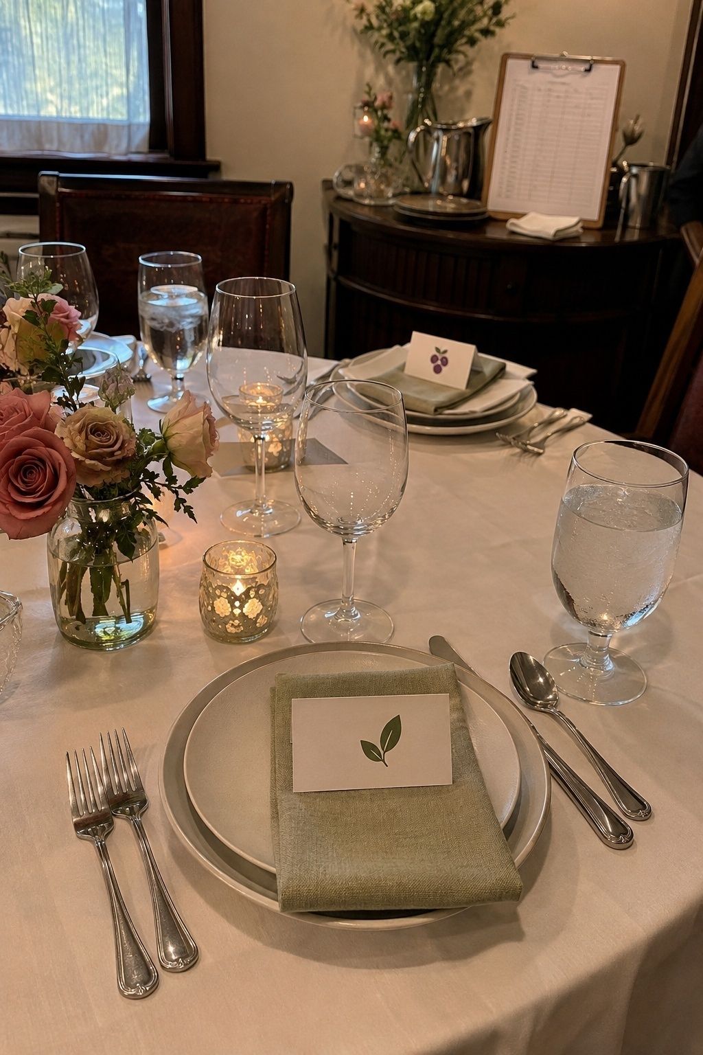 Intimate wedding place setting with a dietary leaf marker and caterer meal-count clipboard