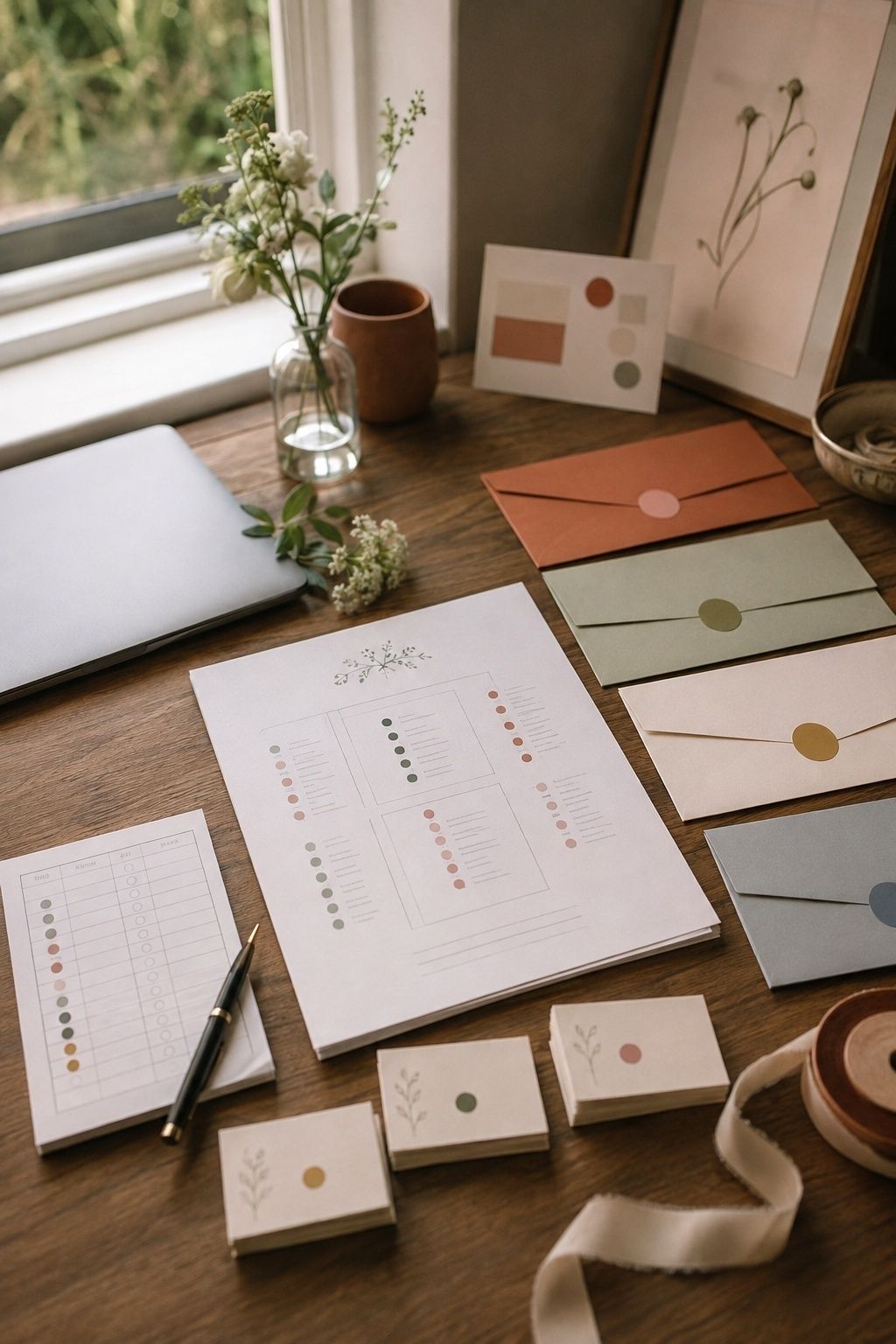 Final wedding guest-count packet arranged with separate color-coded vendor handoff envelopes