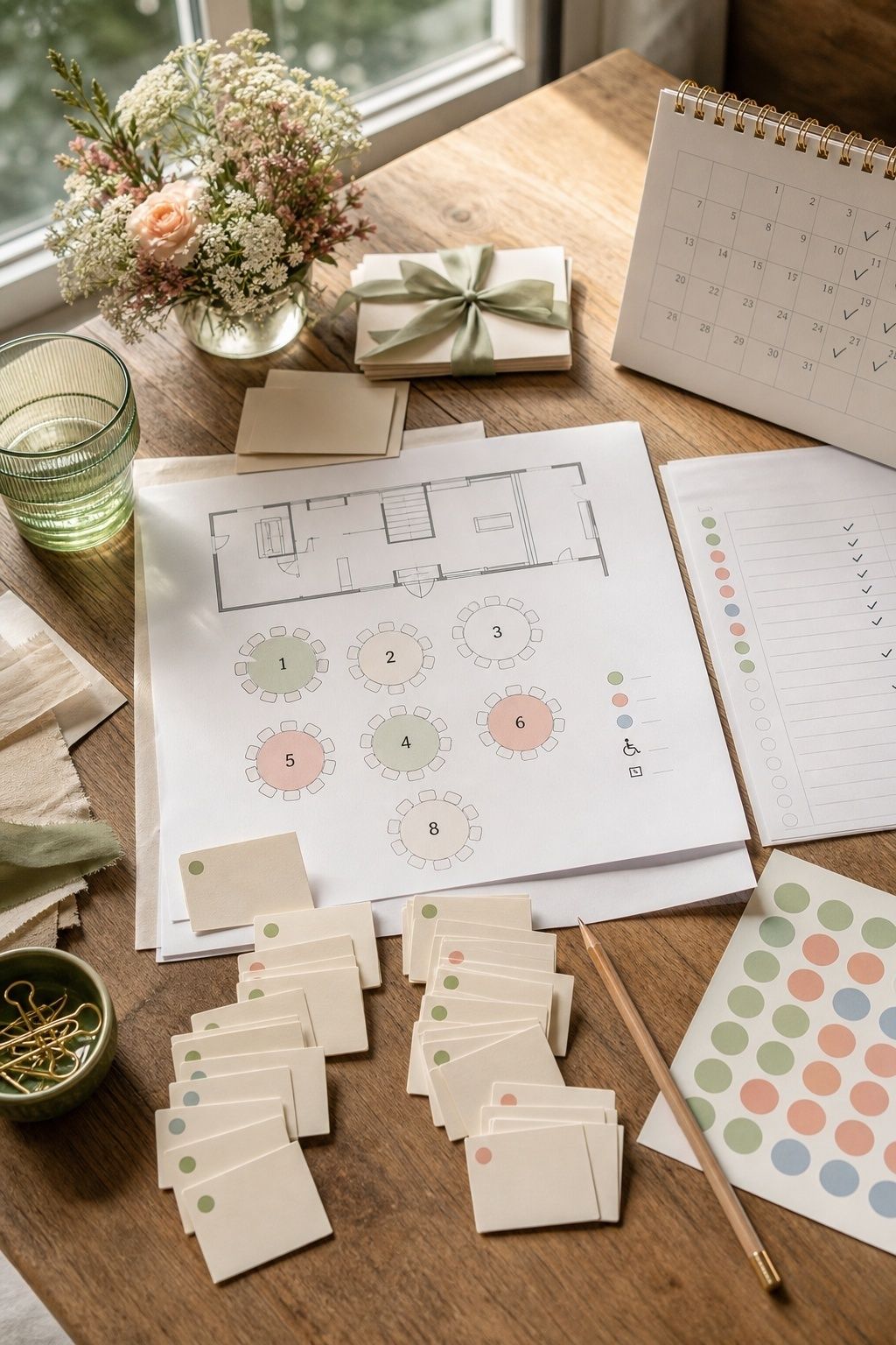 Early wedding seating plan with table groups, RSVP tracker, and accessibility markers