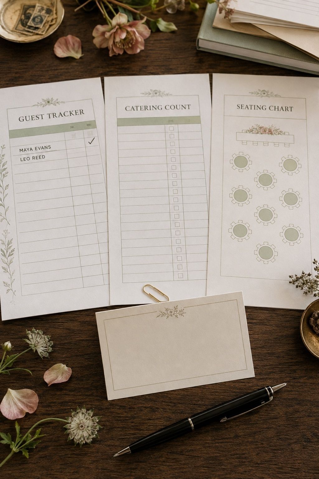 Guest tracker, catering count, seating chart, and blank wedding escort card