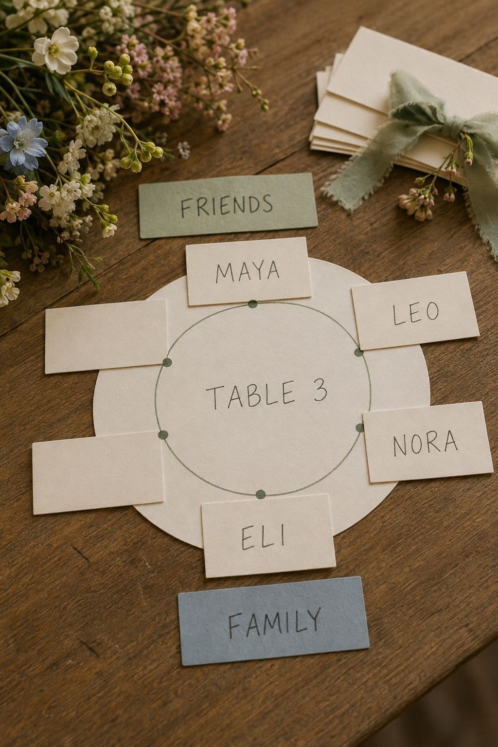 Wedding Table 3 guest cards grouped by friends and family connections