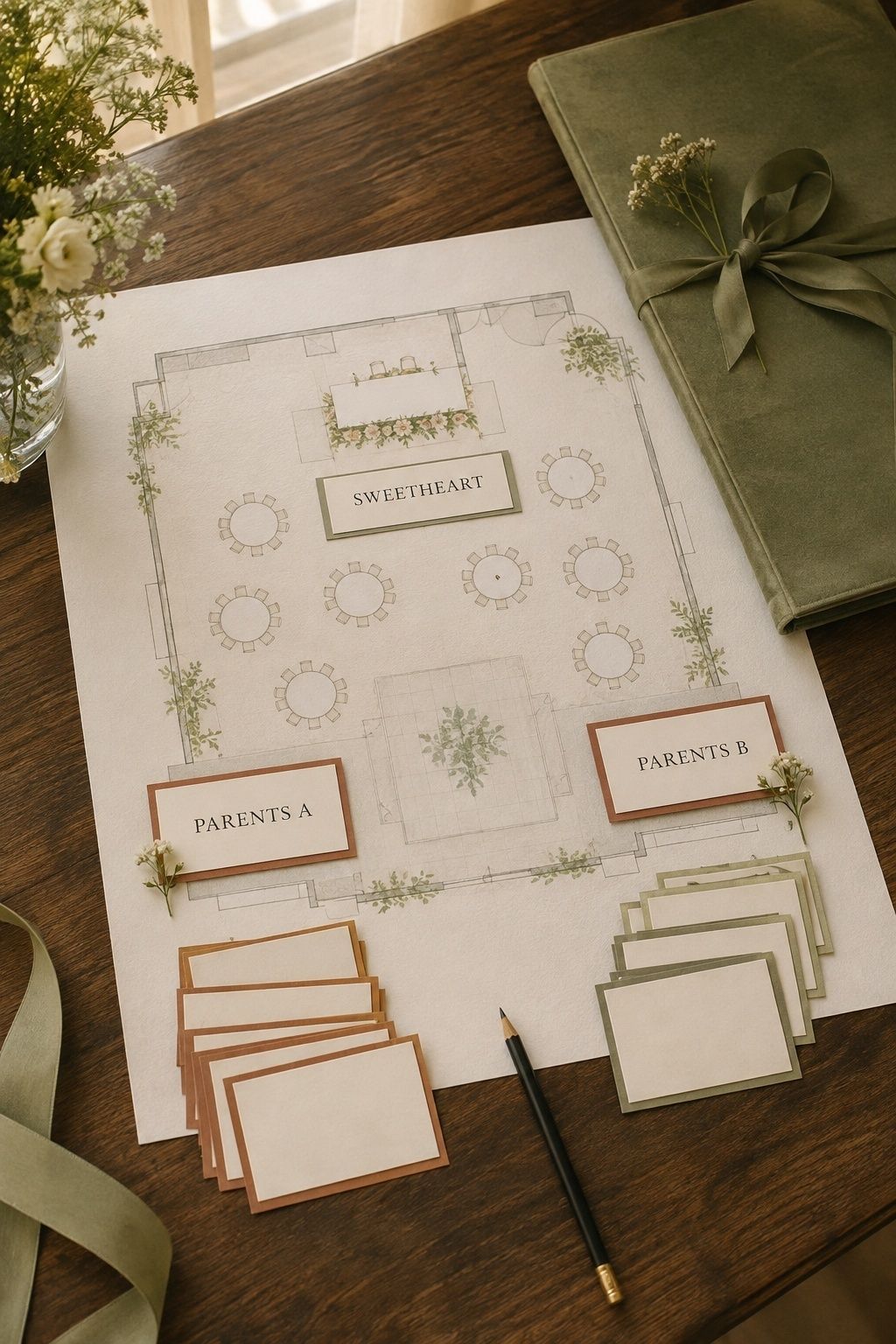 Wedding floor plan with separate balanced parent tables around a sweetheart table