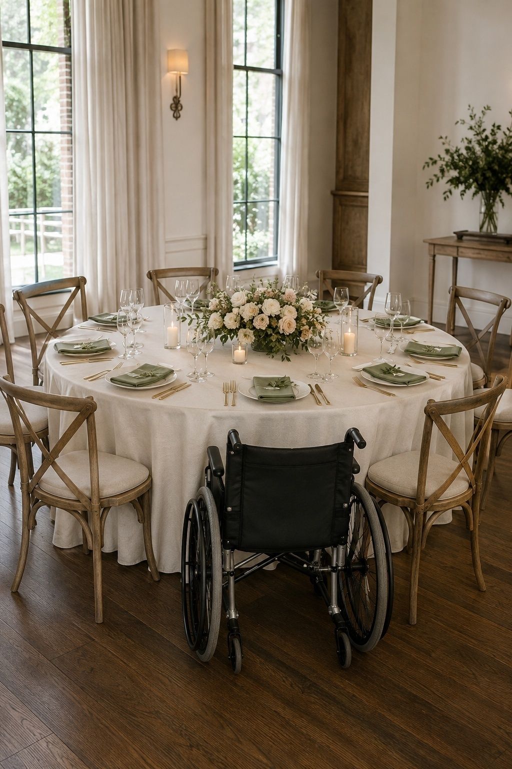 Comfortably spaced wedding table with an accessible wheelchair place
