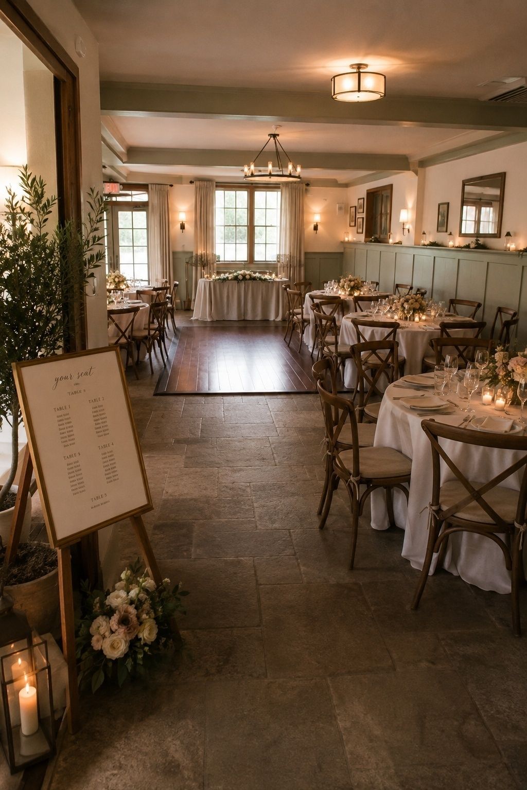 Small wedding reception layout with clear entrance, aisles, sightlines, and dance floor
