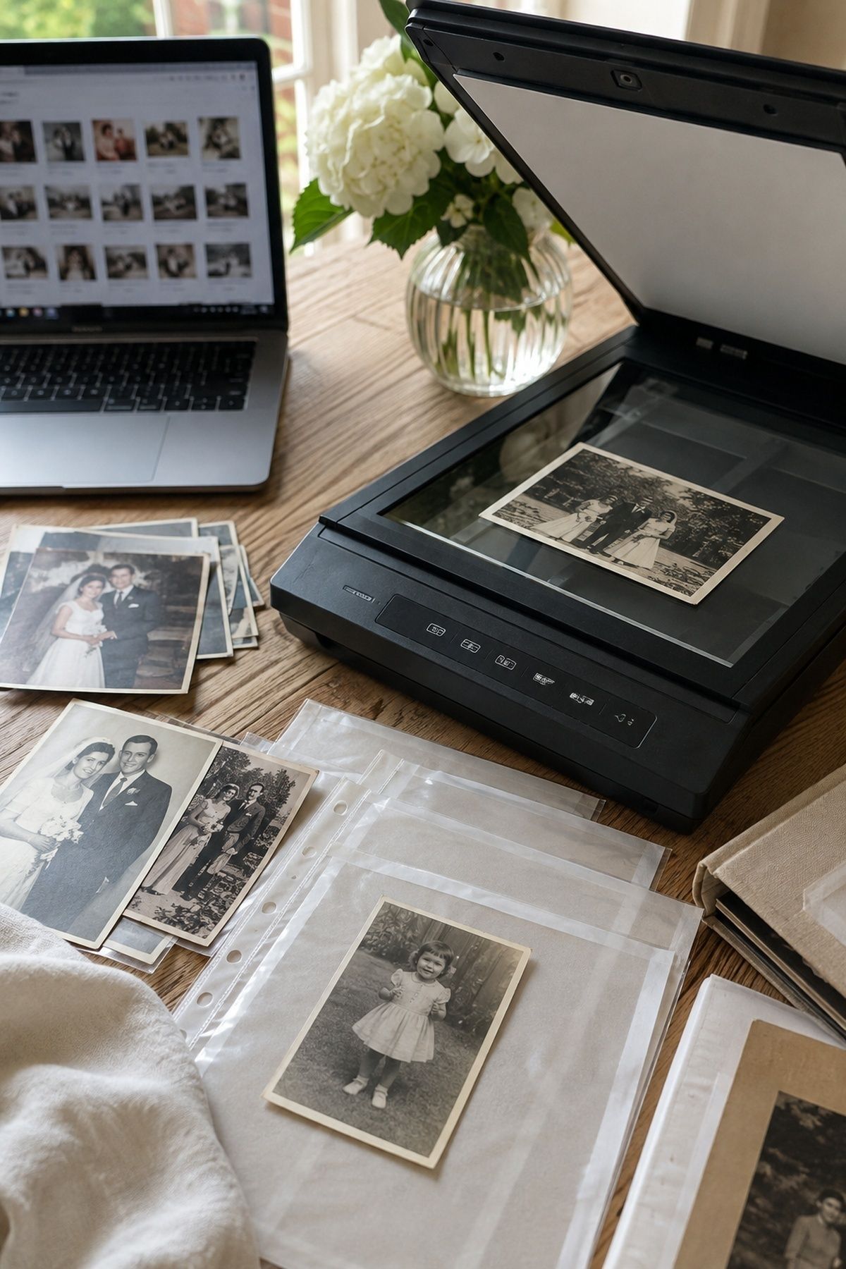 Printed photos being scanned for a slideshow
