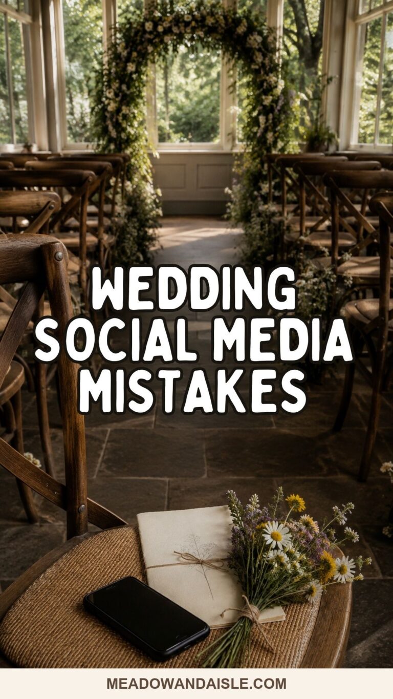Wedding Social Media Mistakes Pinterest pin with an intimate ceremony aisle, face-down phone, program, and meadow flowers