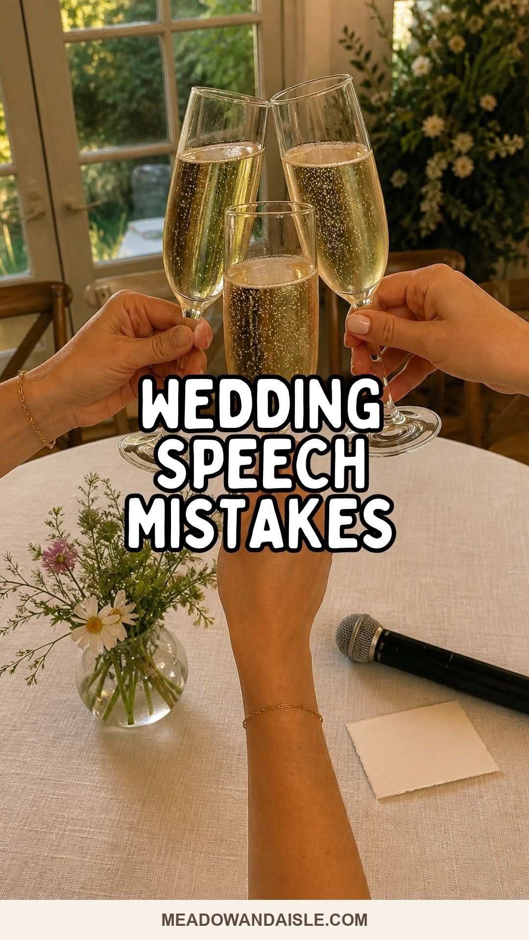 Wedding Speech Mistakes Pinterest pin with three raised champagne flutes