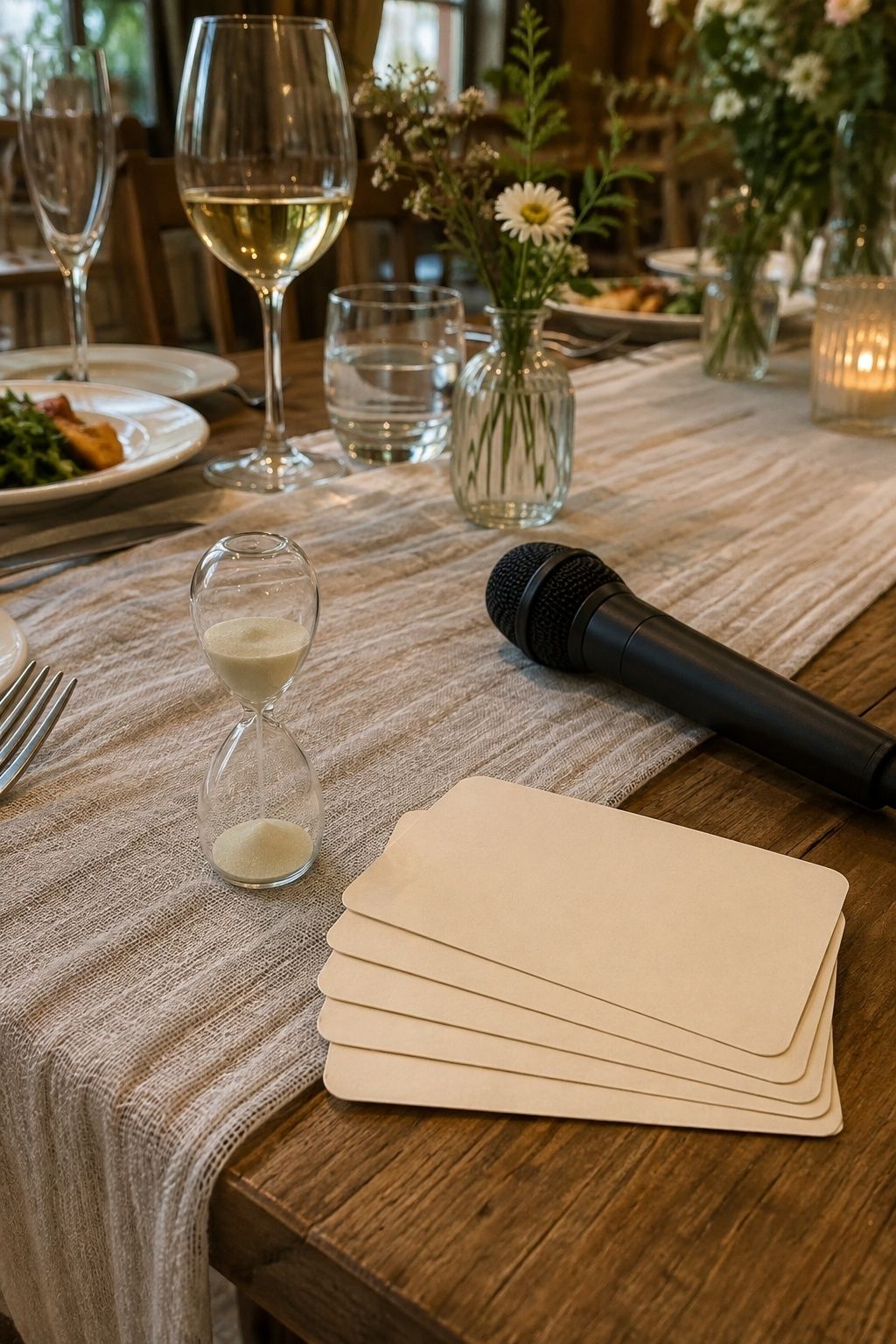 Five wedding speech cards with a sand timer and microphone beside dinner settings