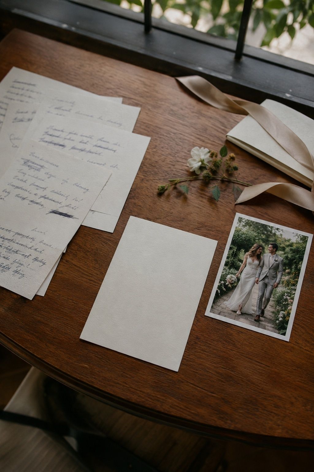 One wedding speech card and couple photo beside crossed-out draft stories