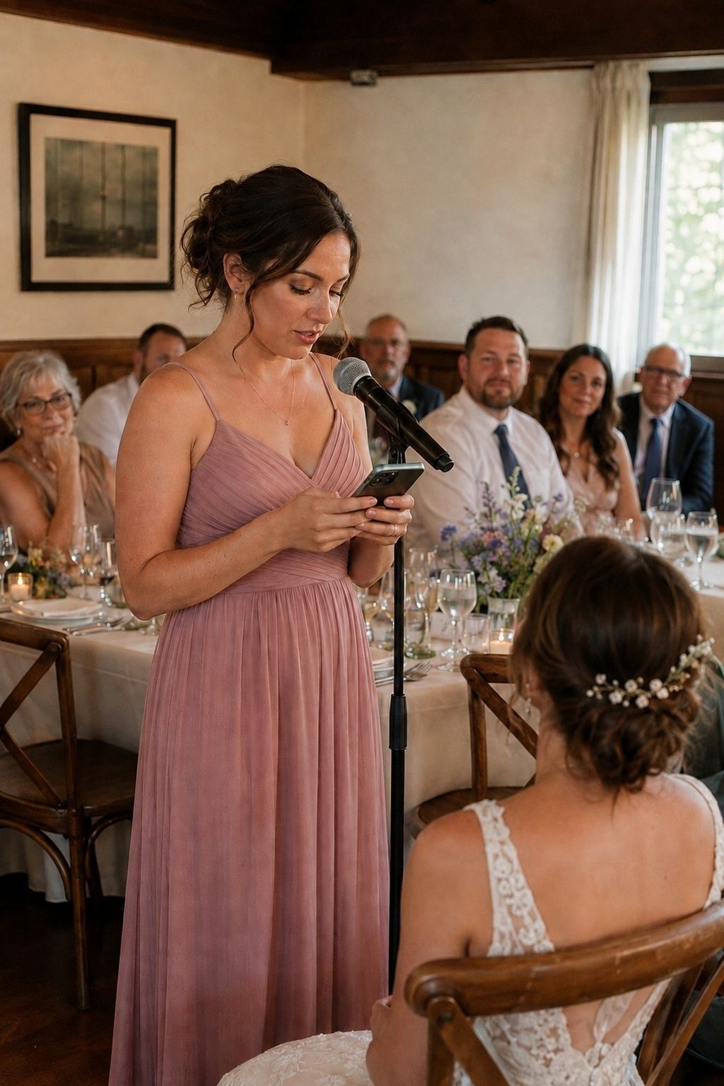 Wedding speaker reading from a smartphone without looking up at the reception