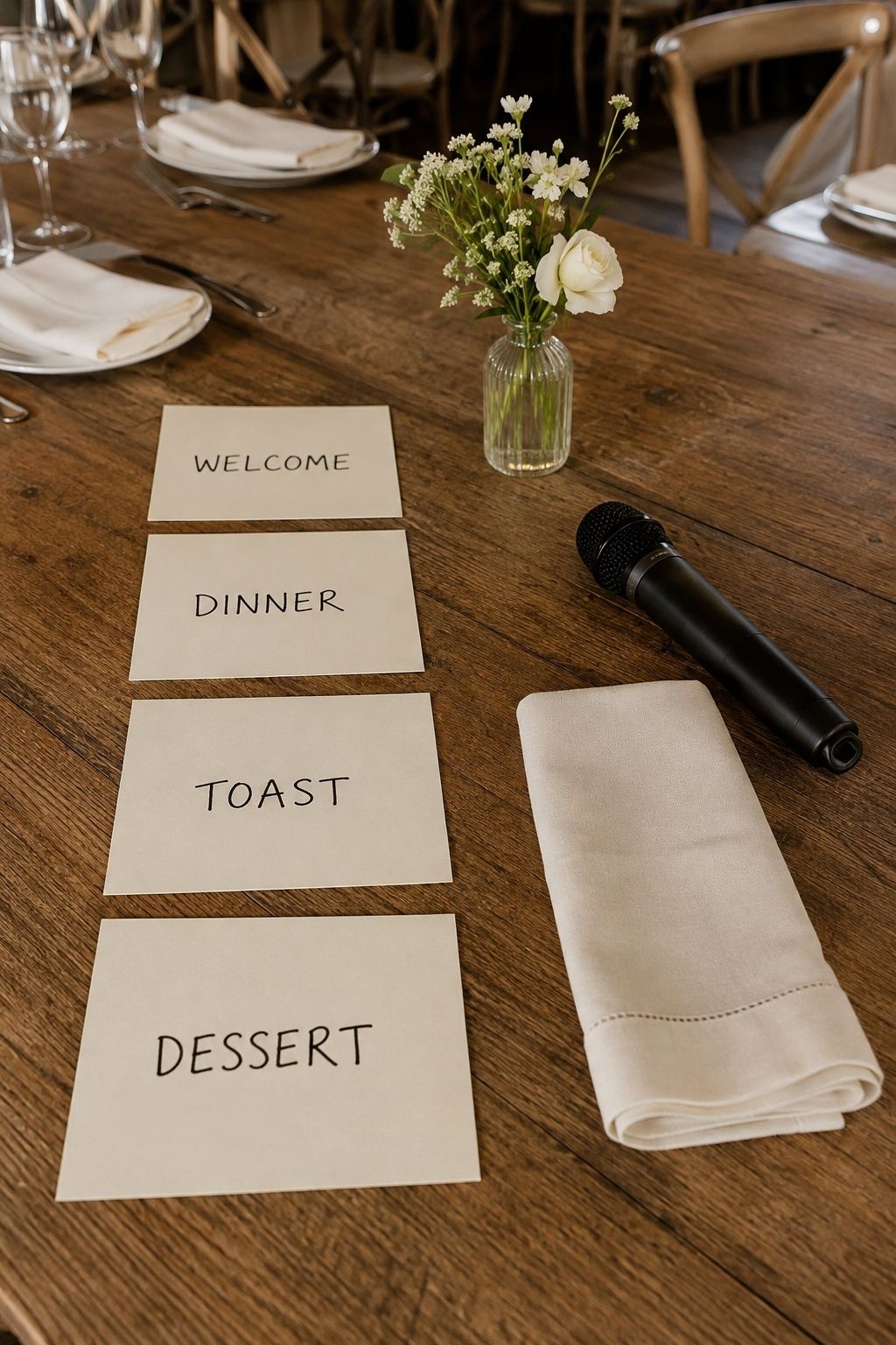 Wedding reception cue cards for welcome dinner toast and dessert beside a microphone