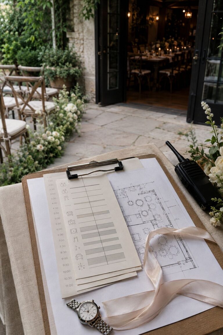 Building A Schedule With No Buffers Between Events shown as a calm intimate-wedding timeline planning scene