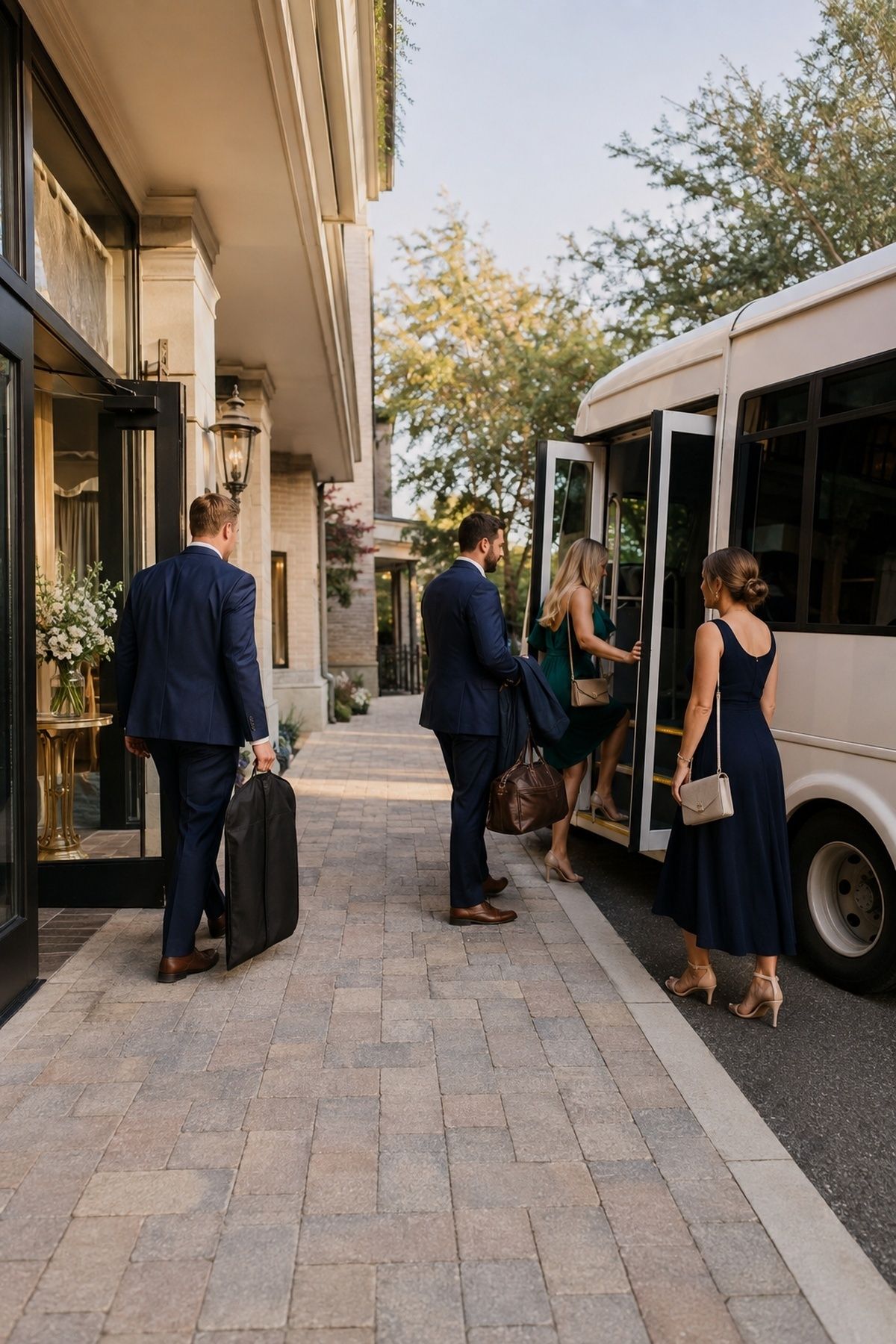 Wedding guests boarding a small hotel shuttle with luggage and a visible walking route