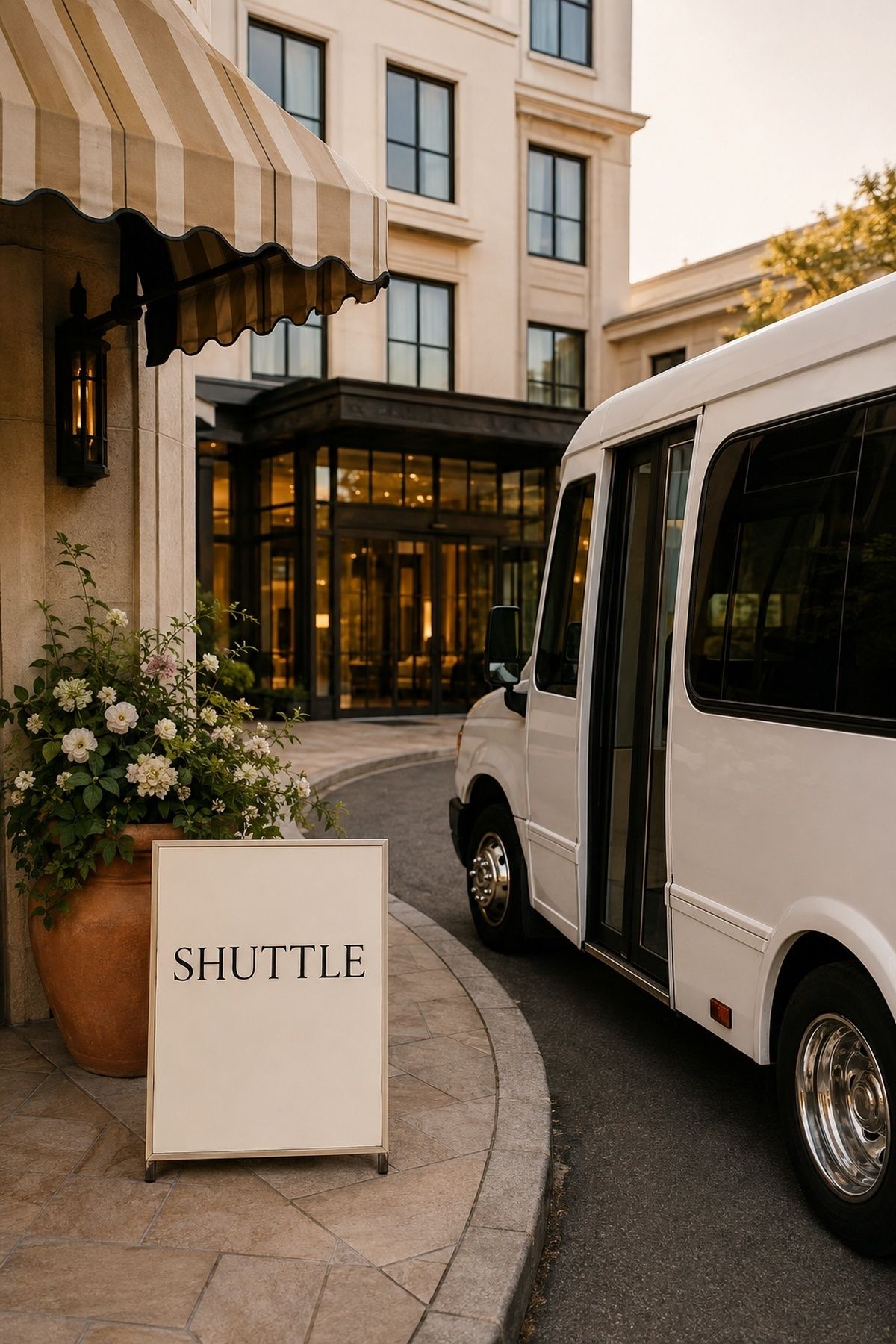 White wedding shuttle at a marked hotel side entrance with a striped awning