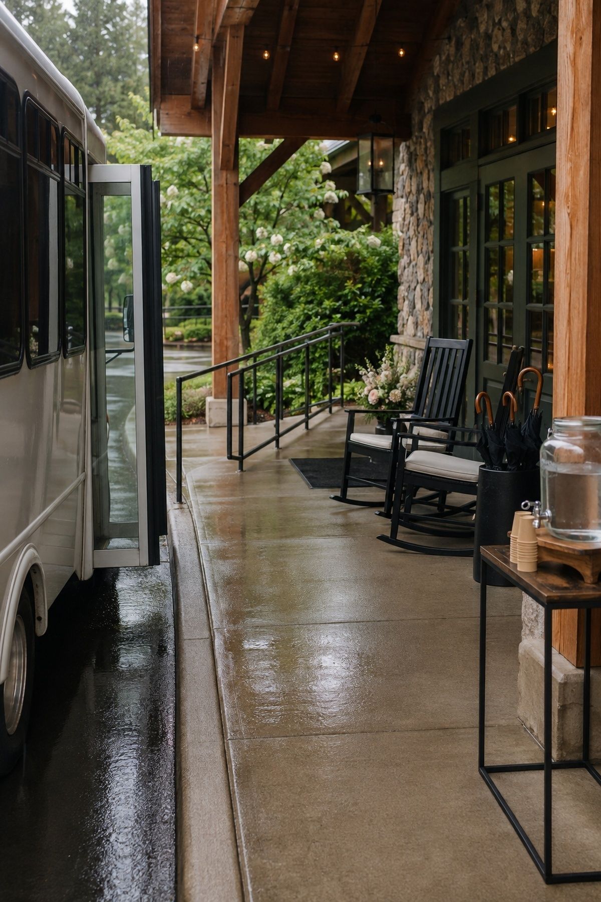 Covered accessible wedding shuttle arrival with ramp, chairs, umbrellas, and water