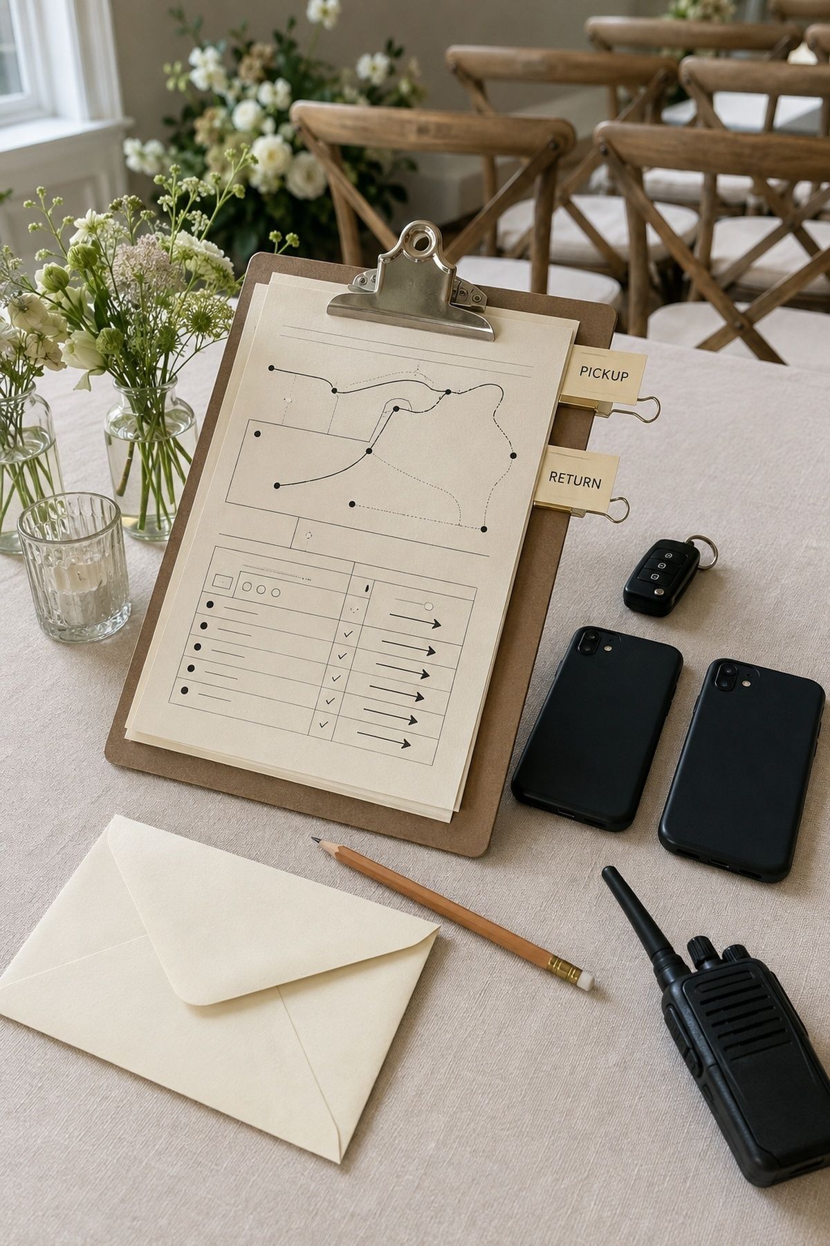 Wedding transportation handoff clipboard with pickup and return tabs, phones, keys, and radio