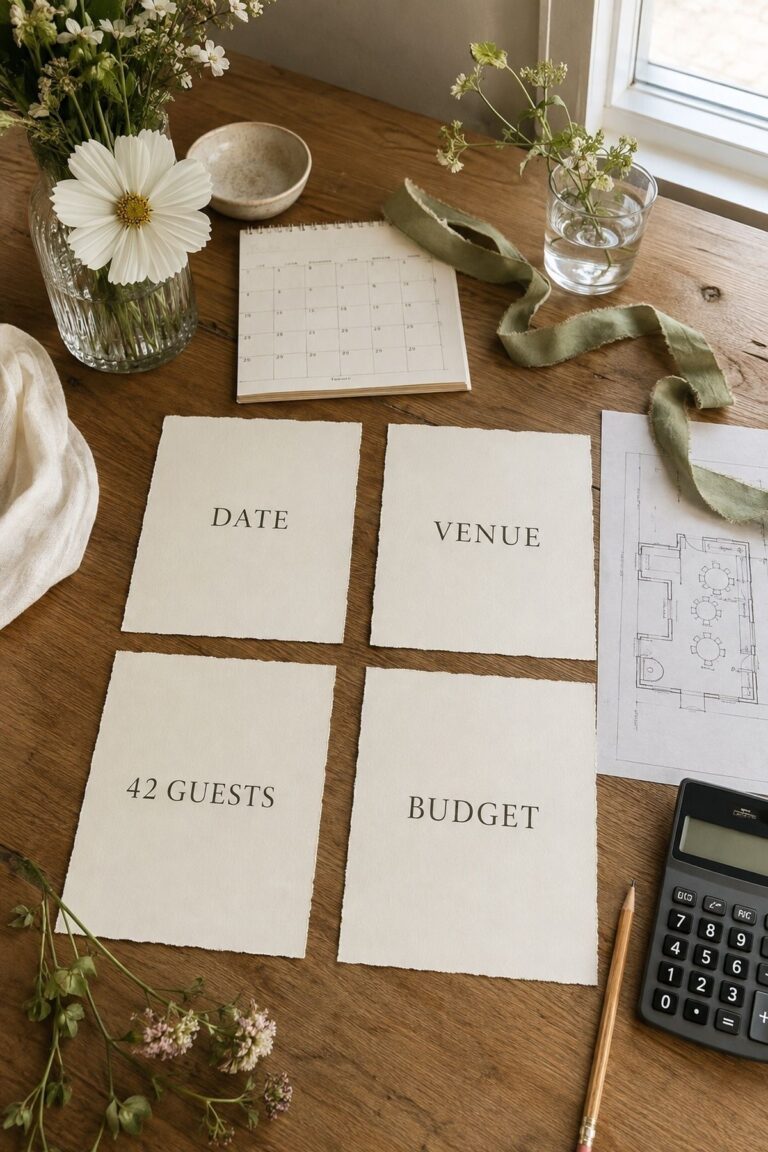 Wedding planning cards for date venue 42 guests and budget before vendor booking