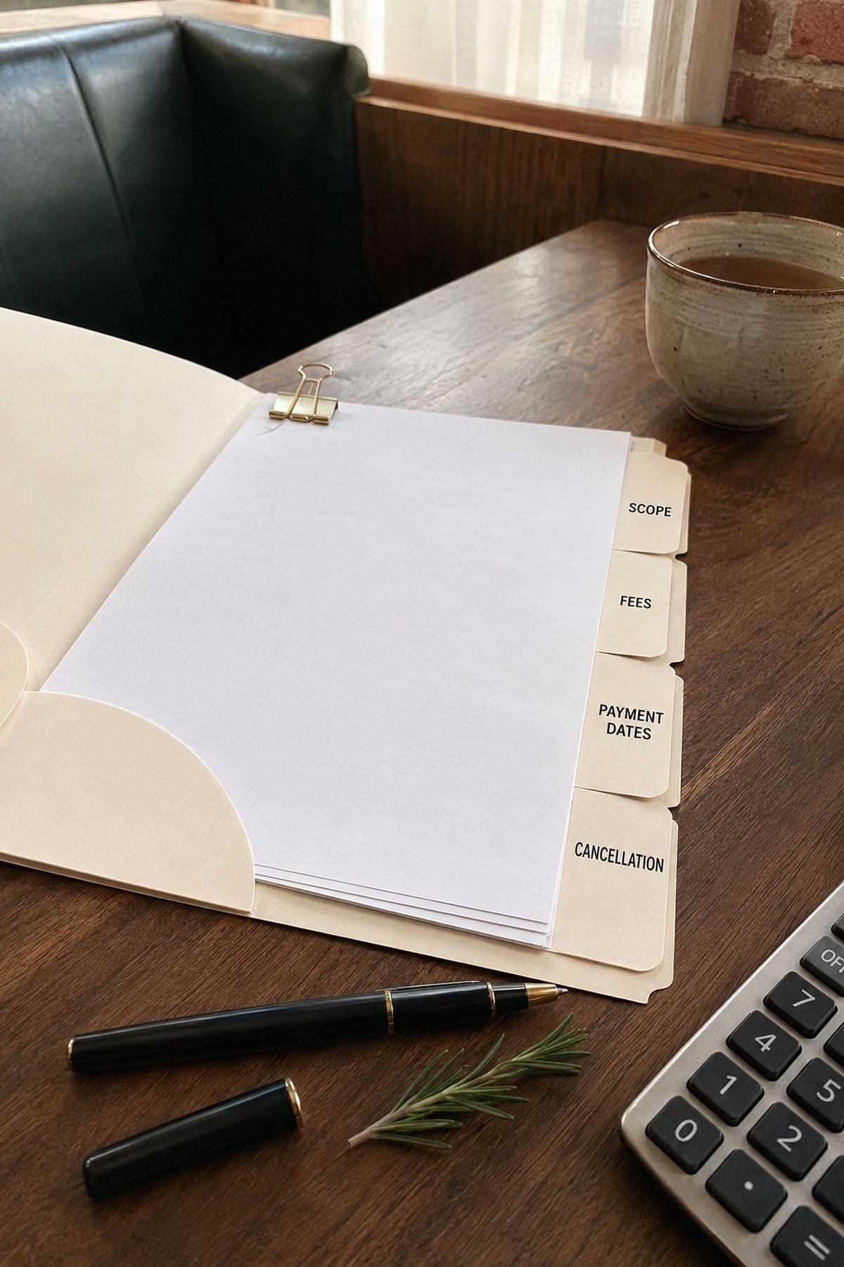 Wedding vendor contract folder with scope fees payment dates and cancellation tabs
