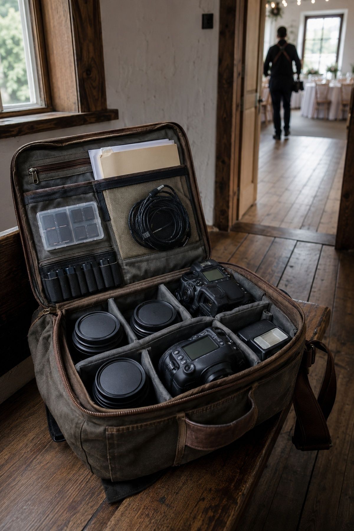 Organized wedding photographer backup cameras batteries and emergency folder