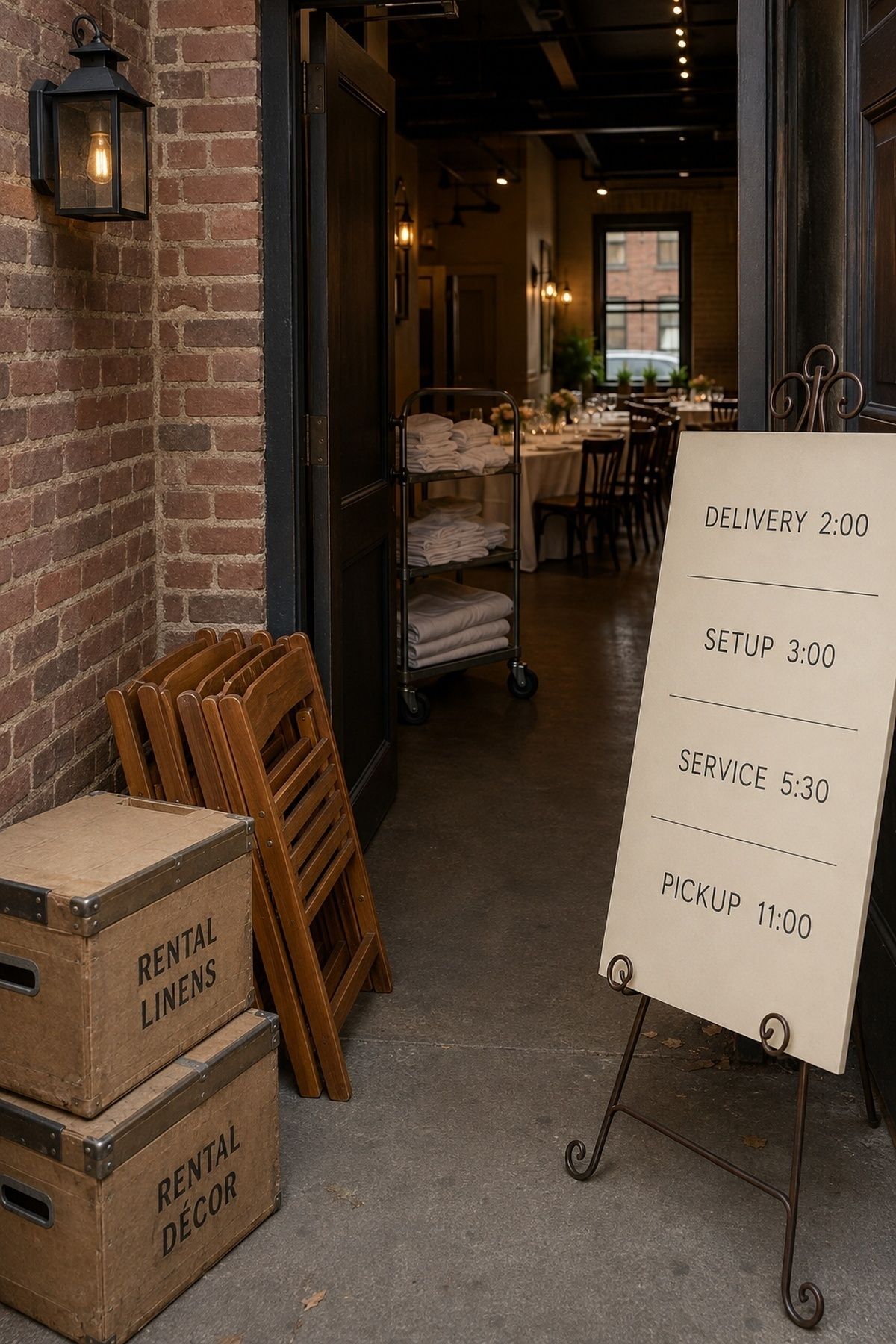 Wedding venue load-in route with delivery setup service and pickup timeline