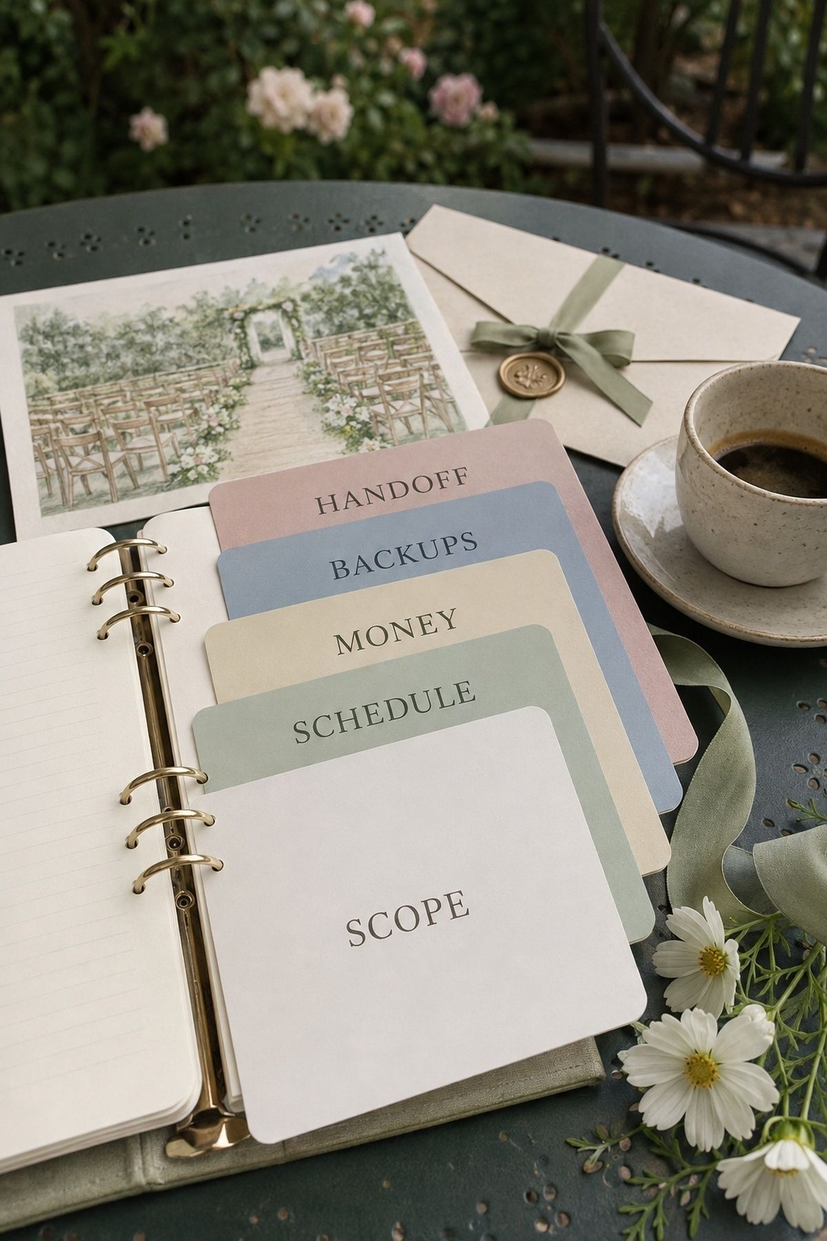 Wedding vendor question cards for scope schedule money backups and handoff